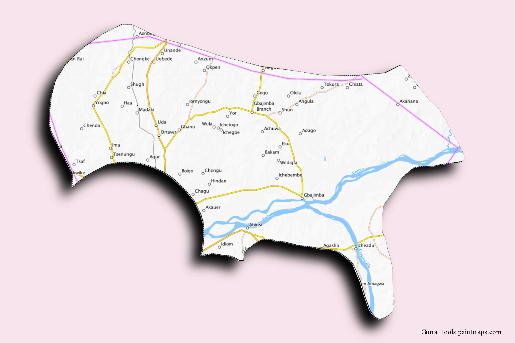 Mapa de barrios y pueblos de Guma con efecto de sombra 3D