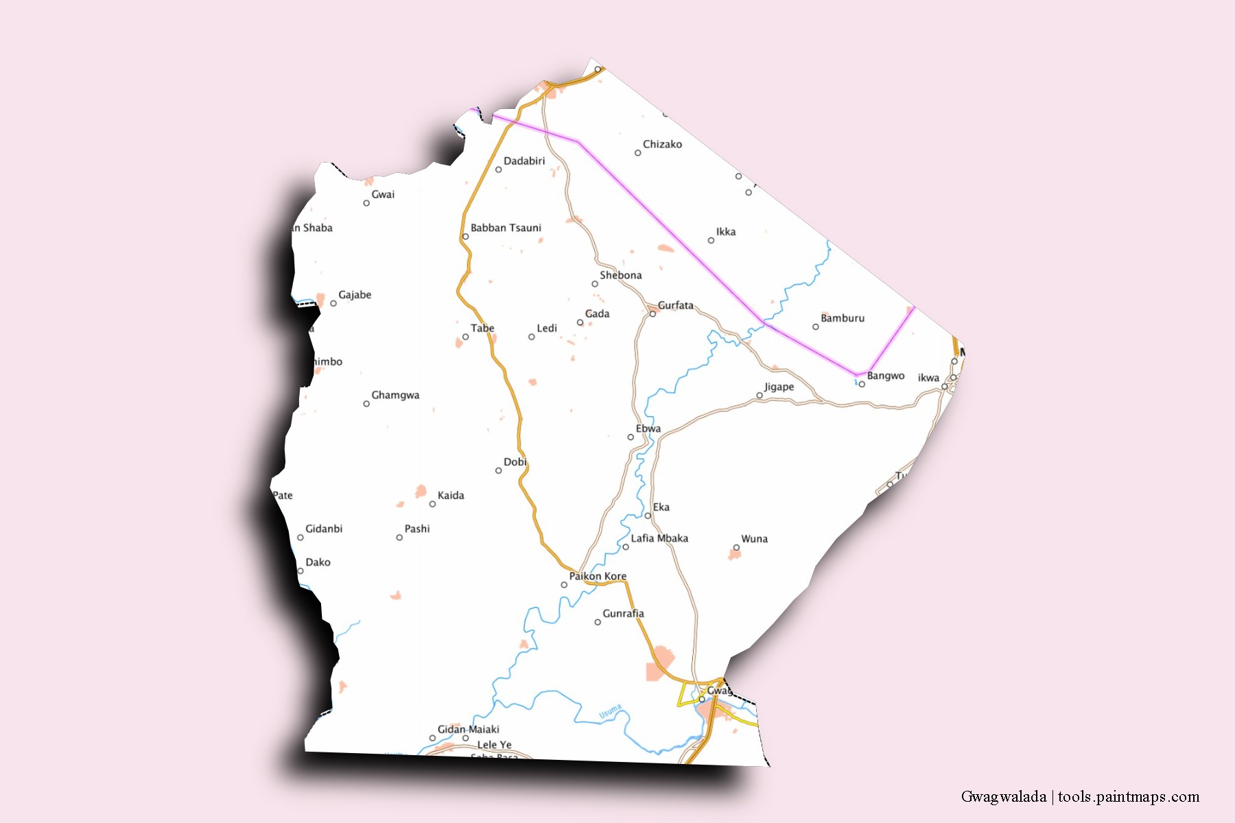 Mapa de barrios y pueblos de Gwagwalada con efecto de sombra 3D