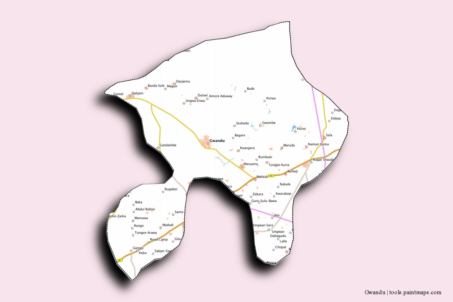 Mapa de barrios y pueblos de Gwandu con efecto de sombra 3D