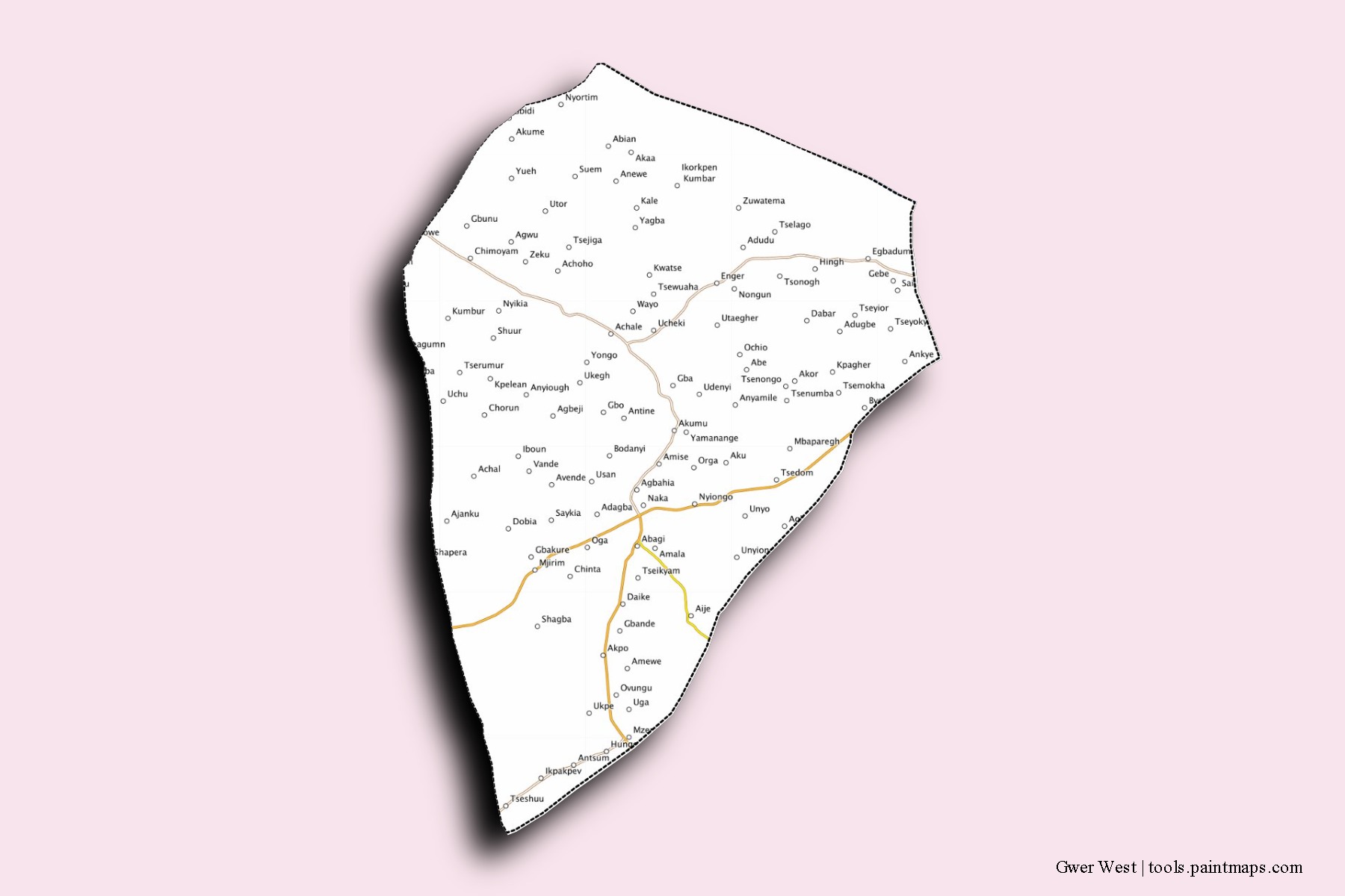 3D gölge efektli Gwer West mahalleleri ve köyleri haritası