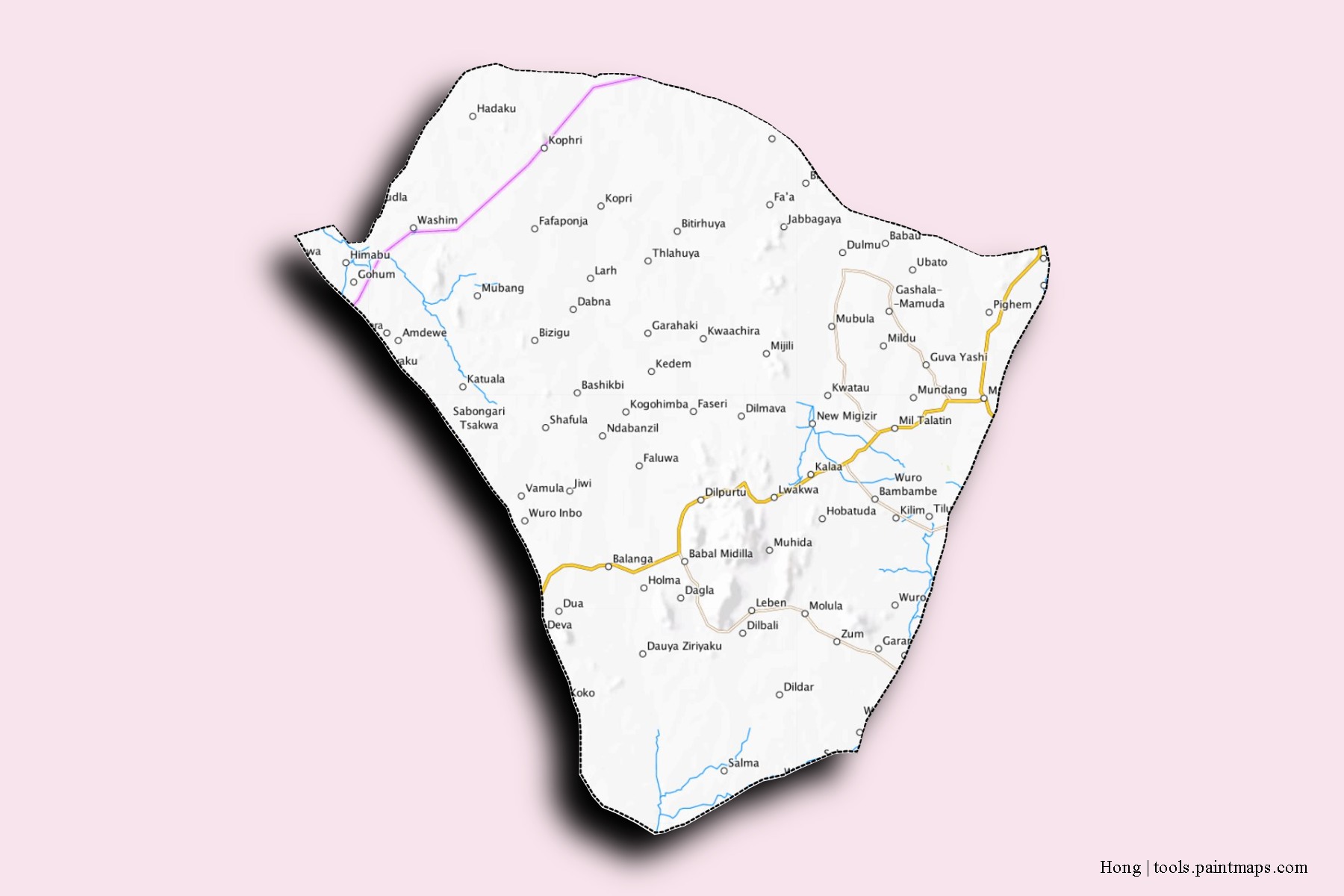 Mapa de barrios y pueblos de Hong con efecto de sombra 3D