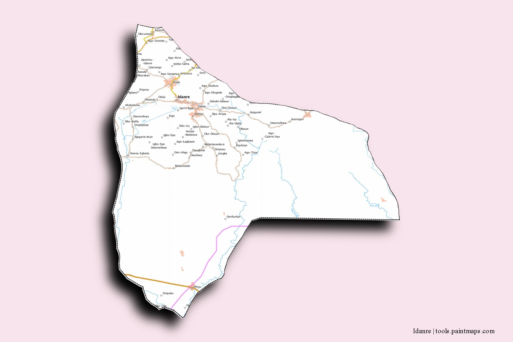 Mapa de barrios y pueblos de Idanre con efecto de sombra 3D