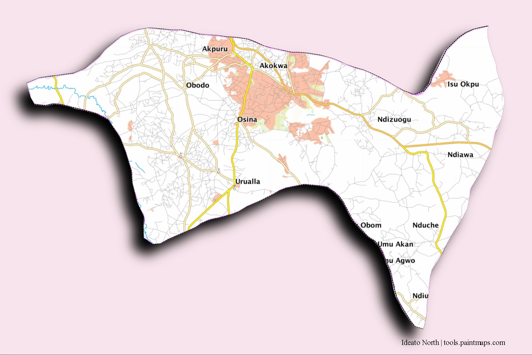 Ideato North neighborhoods and villages map with 3D shadow effect