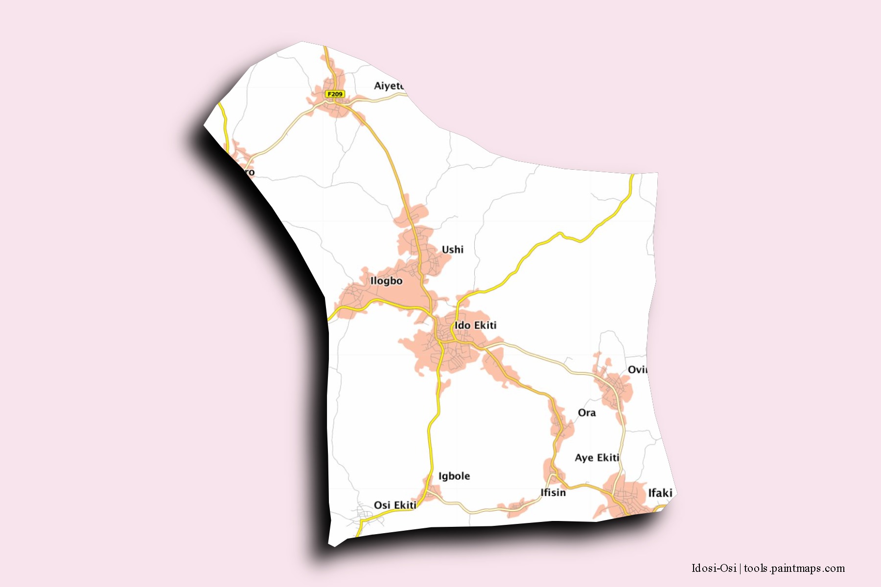 Mapa de barrios y pueblos de Idosi-Osi con efecto de sombra 3D