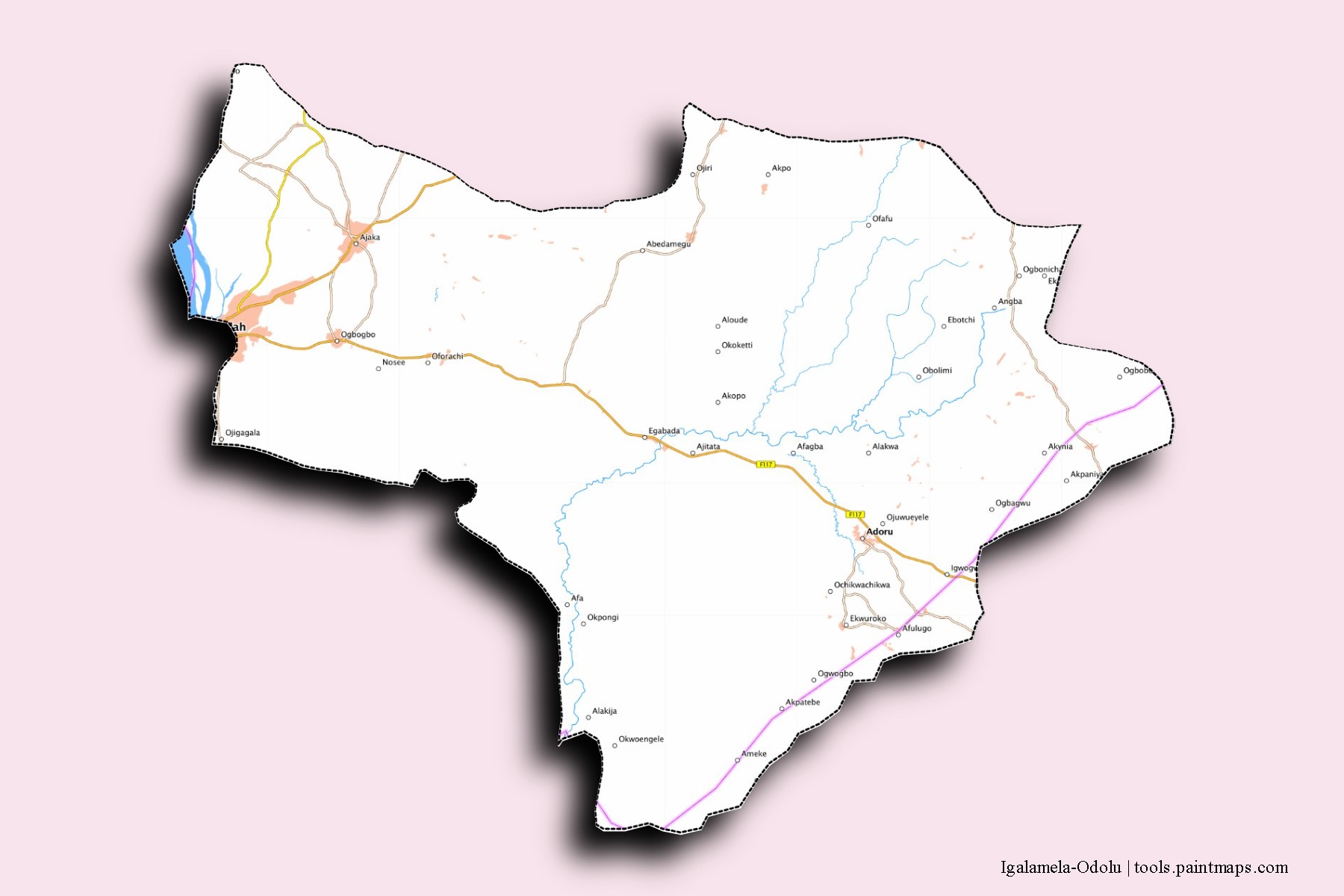 Igalamela-Odolu neighborhoods and villages map with 3D shadow effect