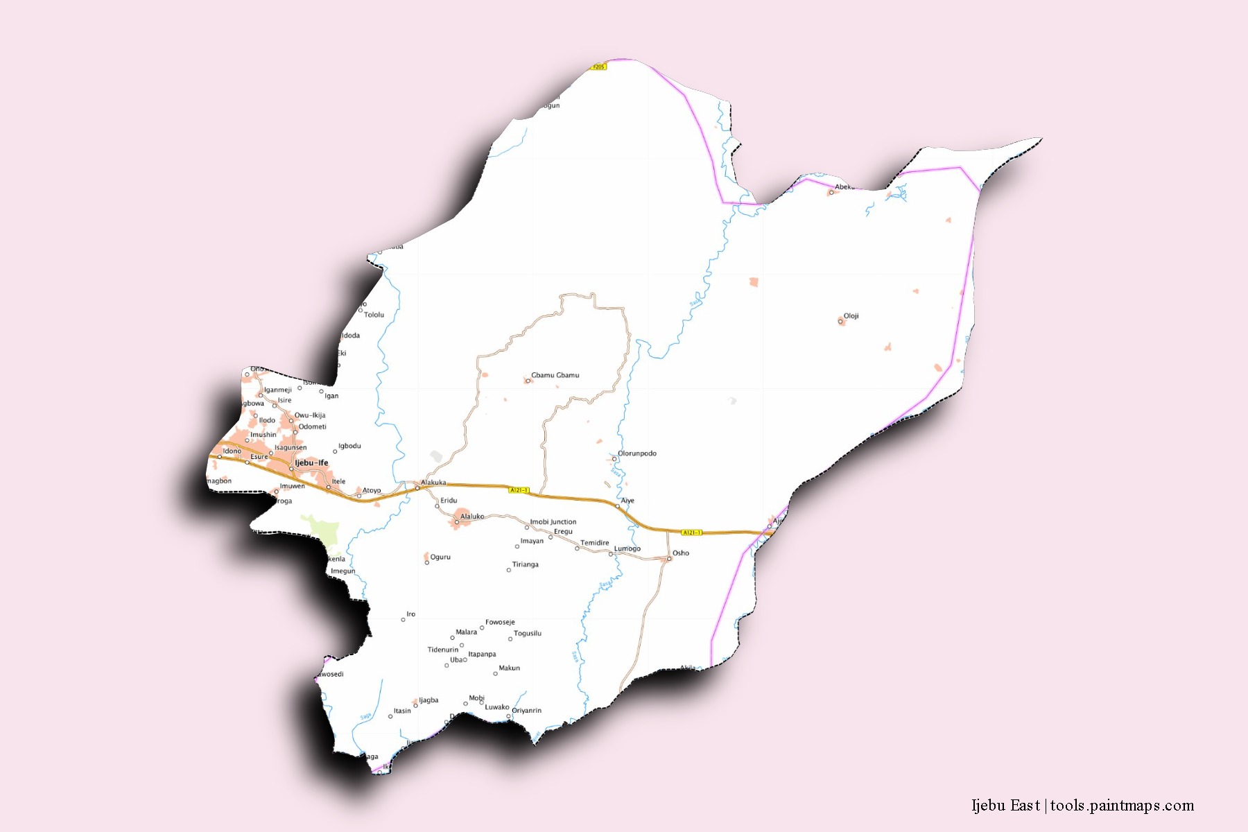 Ijebu East neighborhoods and villages map with 3D shadow effect