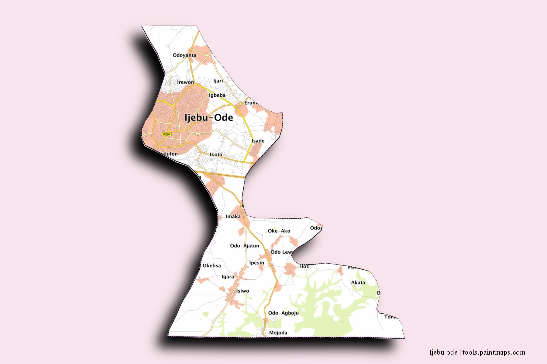 Ijebu Ode neighborhoods and villages map with 3D shadow effect