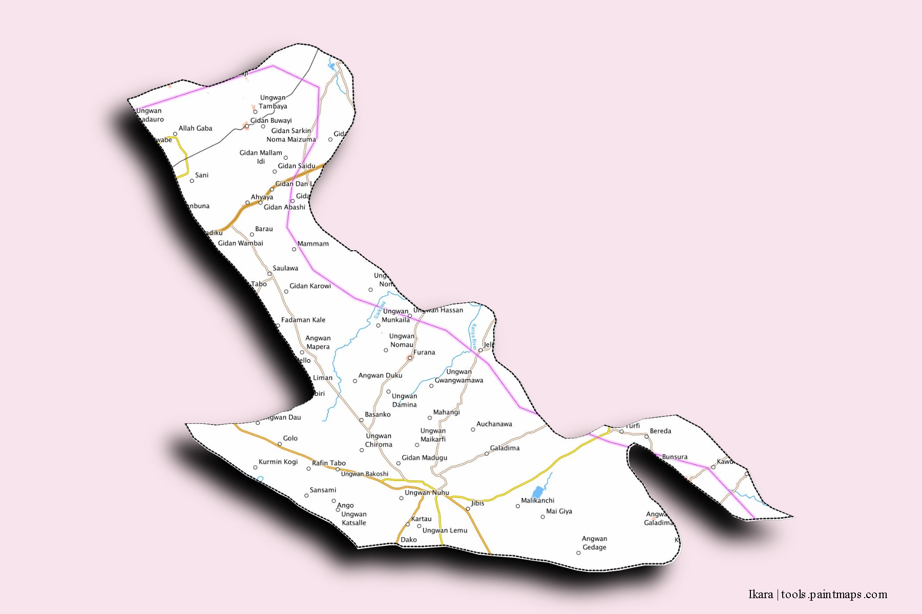 Mapa de barrios y pueblos de Ikara con efecto de sombra 3D