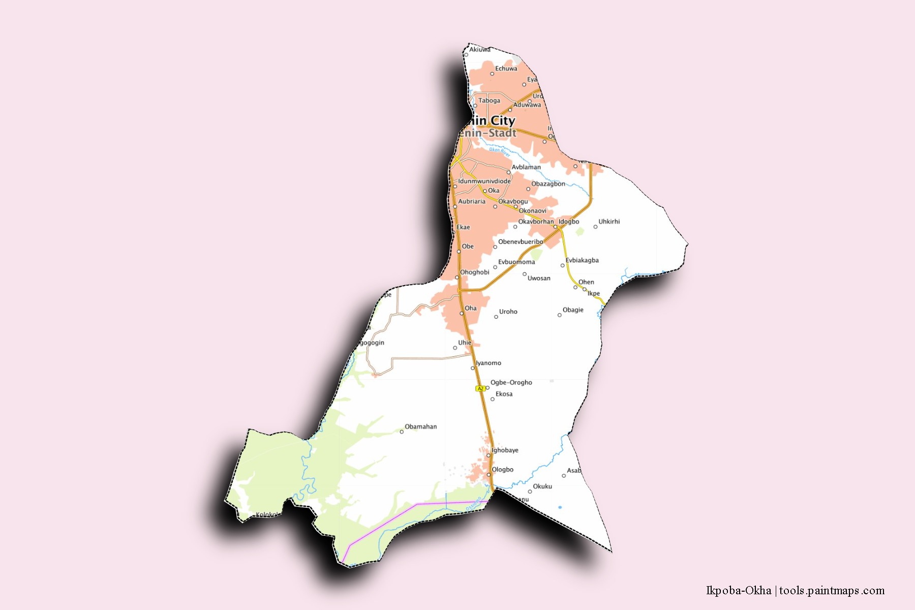 Mapa de barrios y pueblos de Ikpoba-Okha con efecto de sombra 3D