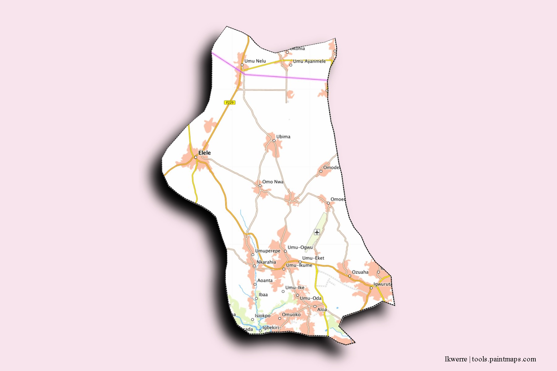 Ikwerre neighborhoods and villages map with 3D shadow effect