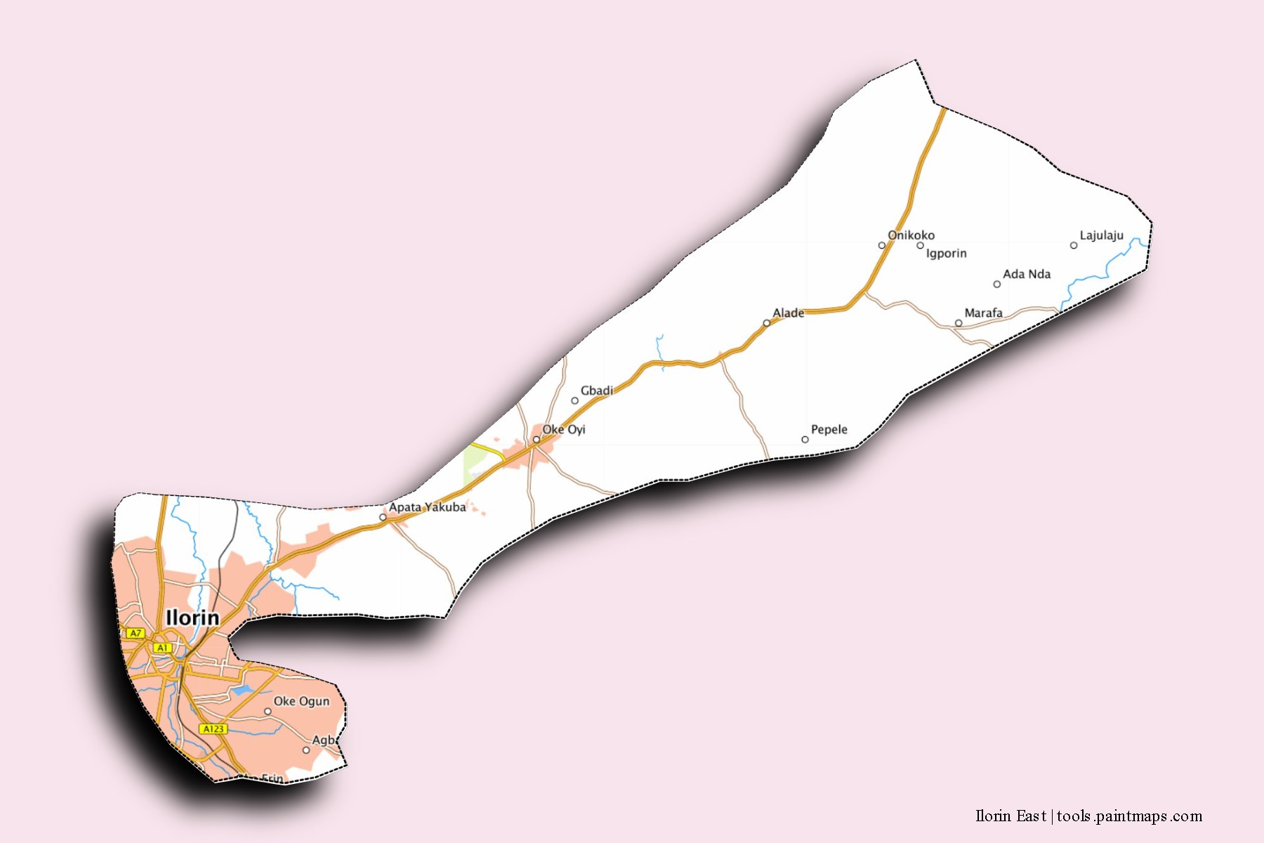 Ilorin East neighborhoods and villages map with 3D shadow effect