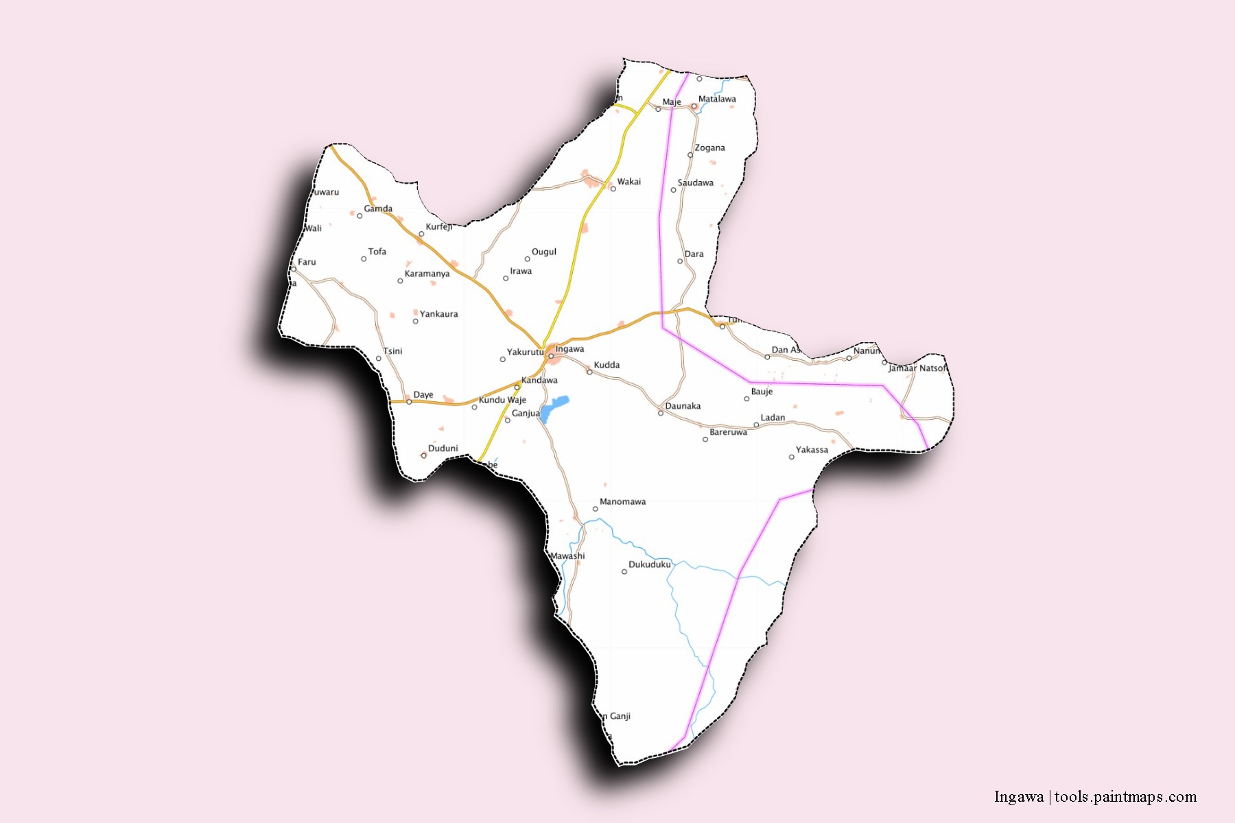 Ingawa neighborhoods and villages map with 3D shadow effect