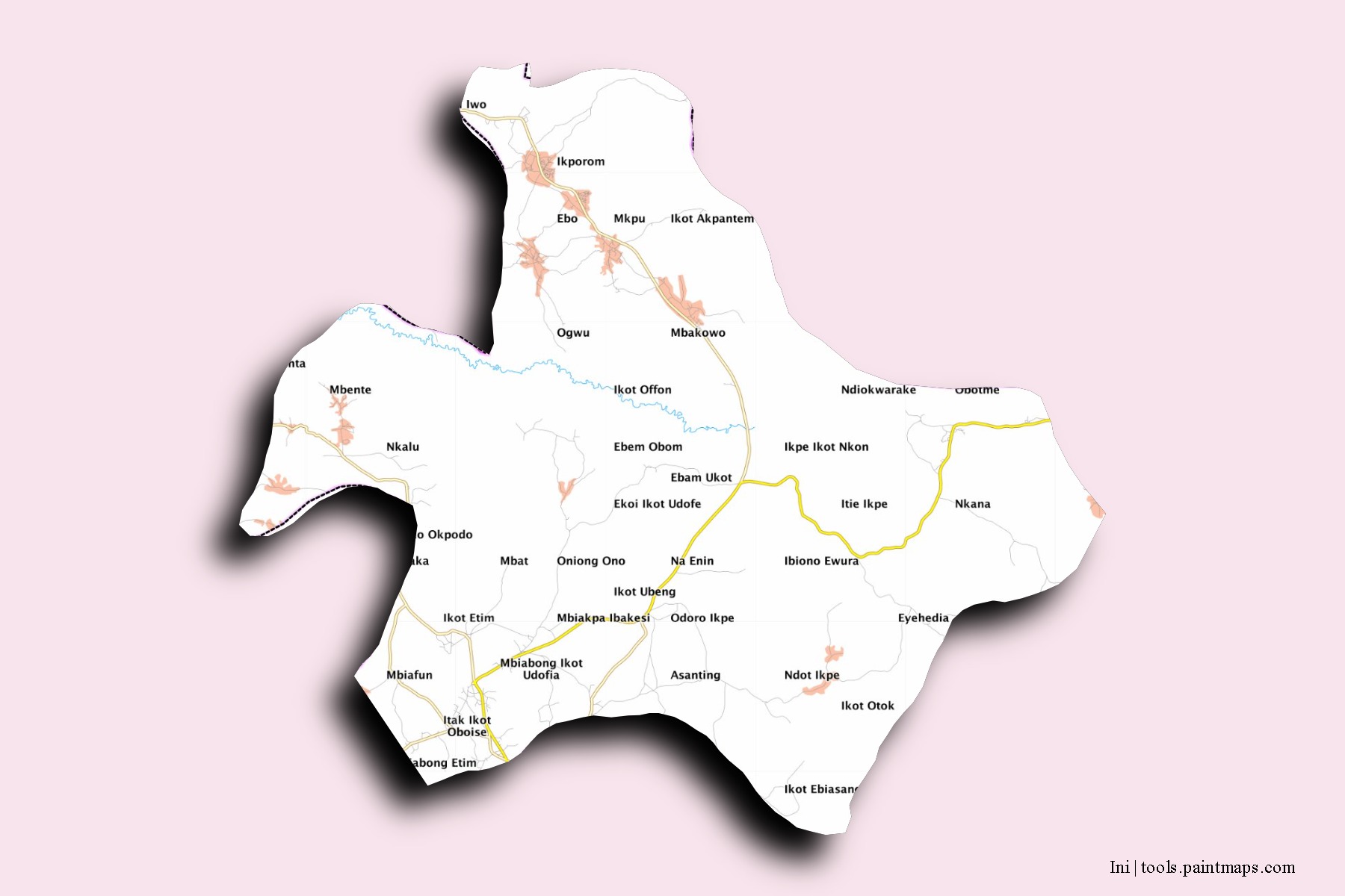 Mapa de barrios y pueblos de Ini con efecto de sombra 3D