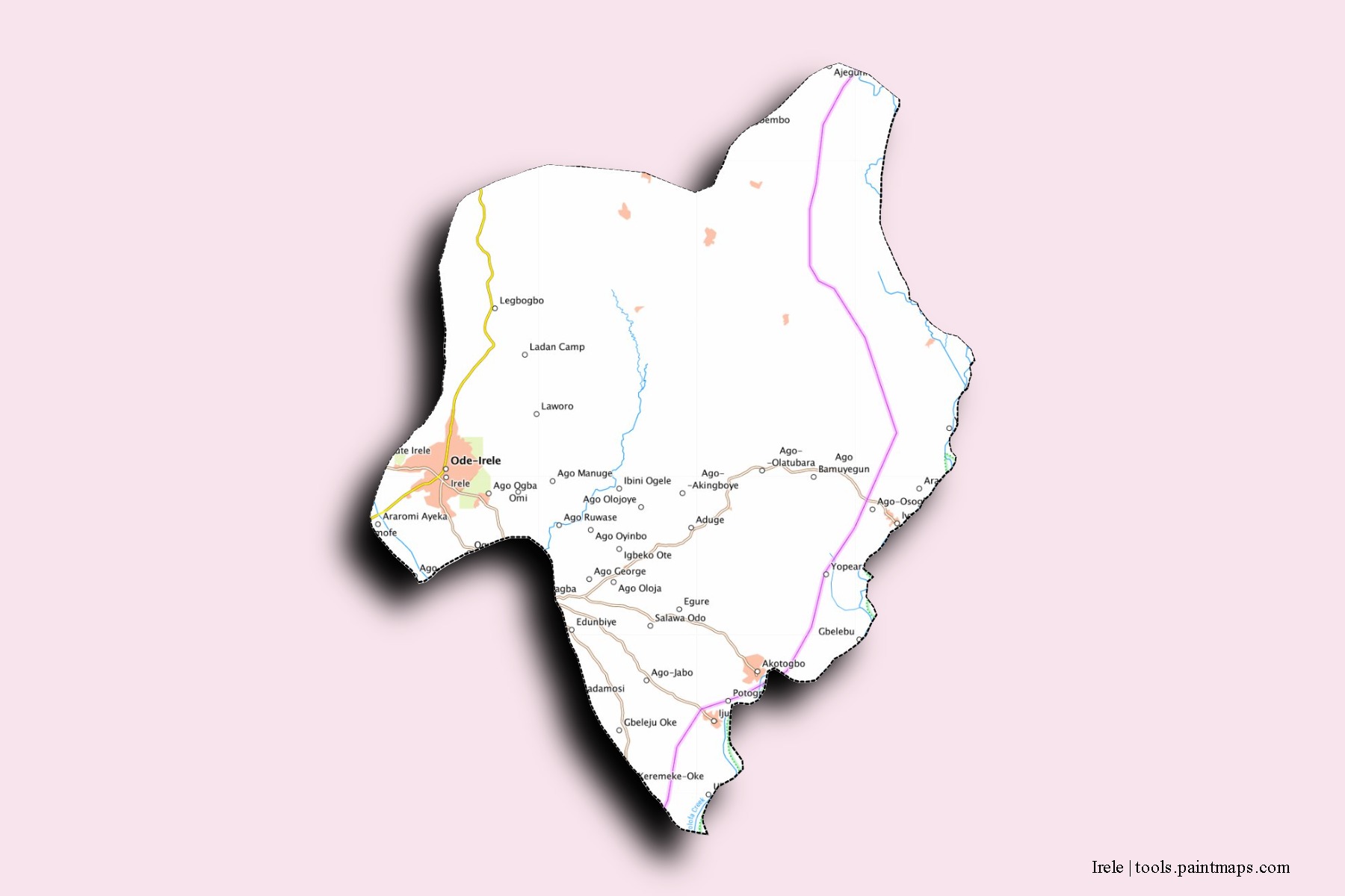 Irele neighborhoods and villages map with 3D shadow effect