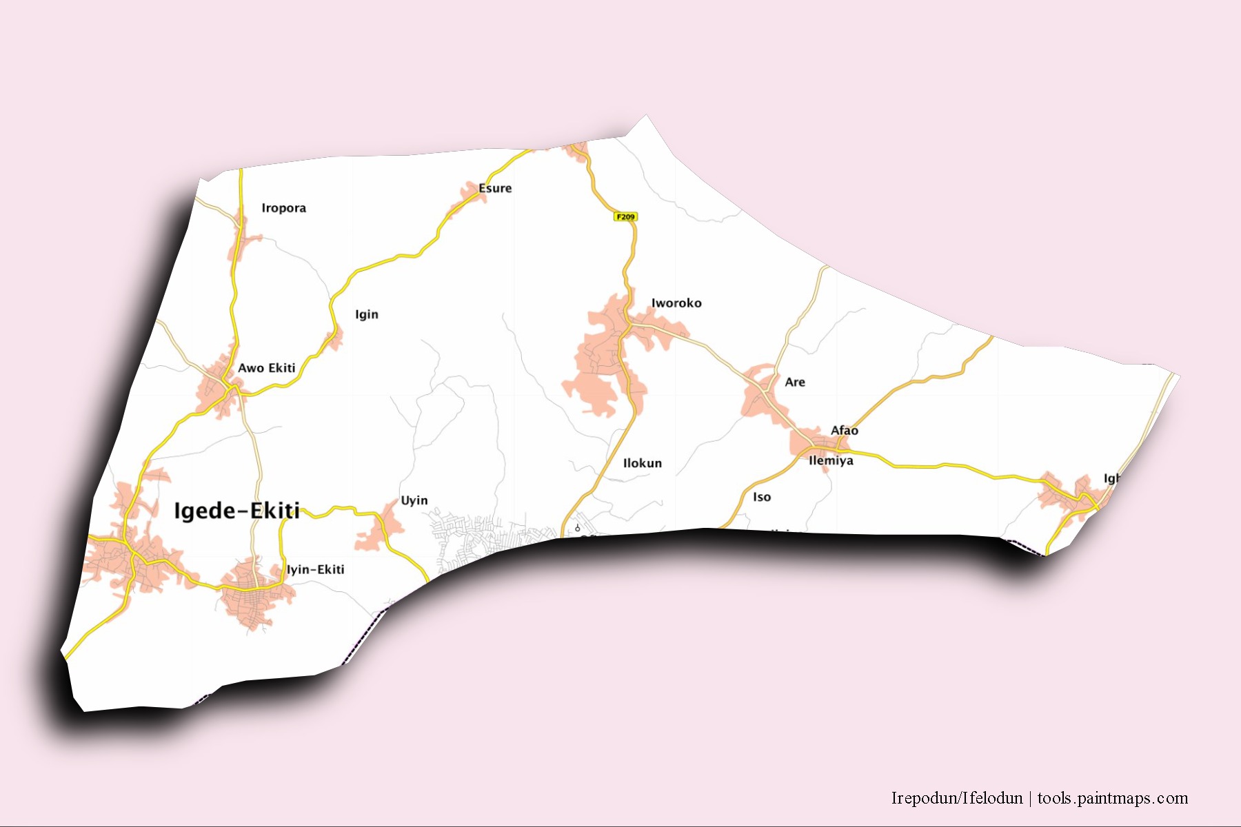 Mapa de barrios y pueblos de Irepodun/Ifelodun con efecto de sombra 3D