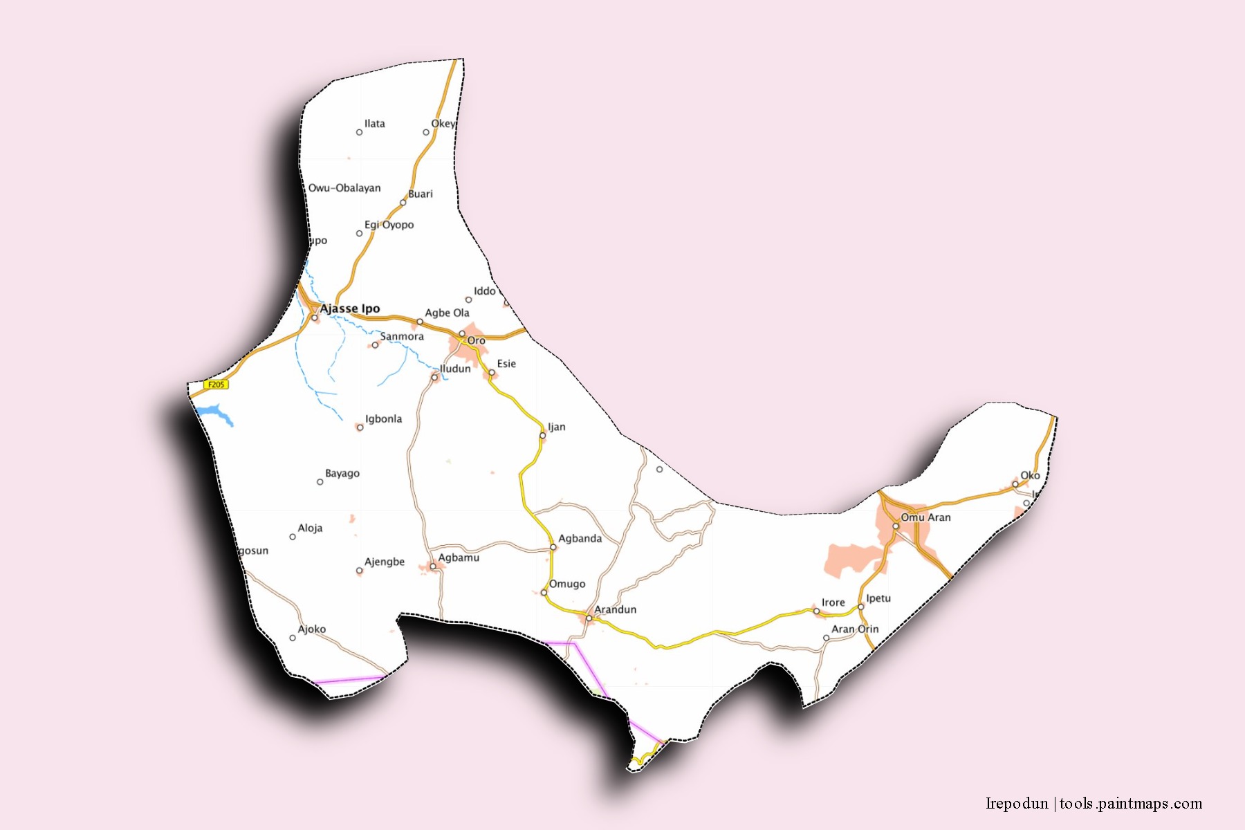 Mapa de barrios y pueblos de Irepodun con efecto de sombra 3D