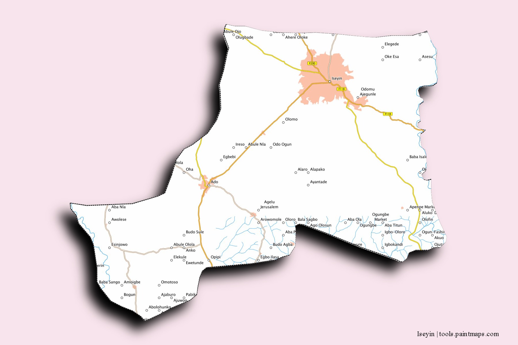 Iseyin neighborhoods and villages map with 3D shadow effect