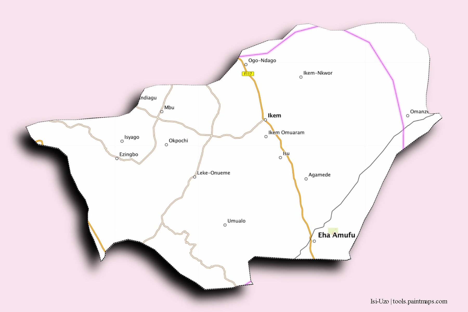 Mapa de barrios y pueblos de Isi-Uzo con efecto de sombra 3D