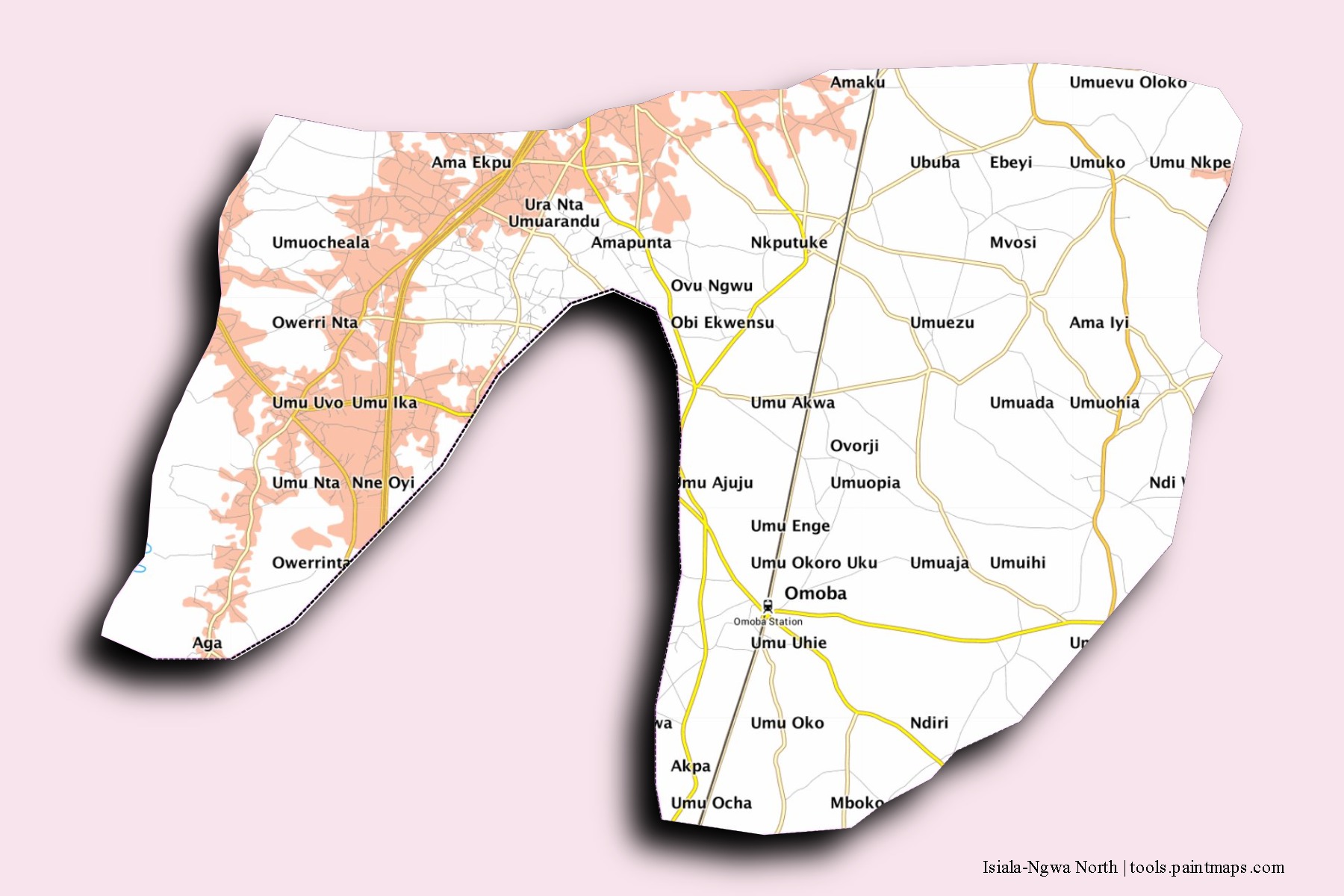 Mapa de barrios y pueblos de Isiala-Ngwa North con efecto de sombra 3D