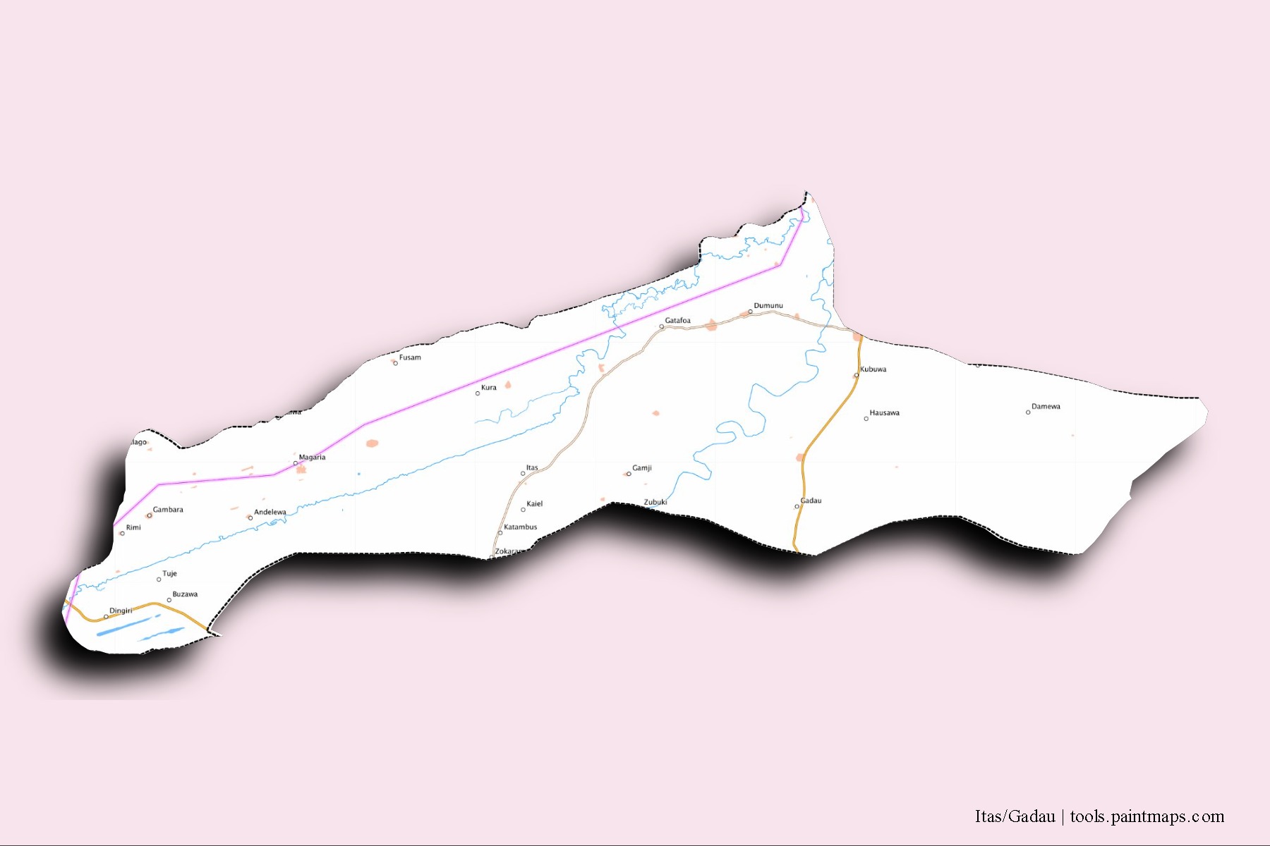 Itas/Gadau neighborhoods and villages map with 3D shadow effect