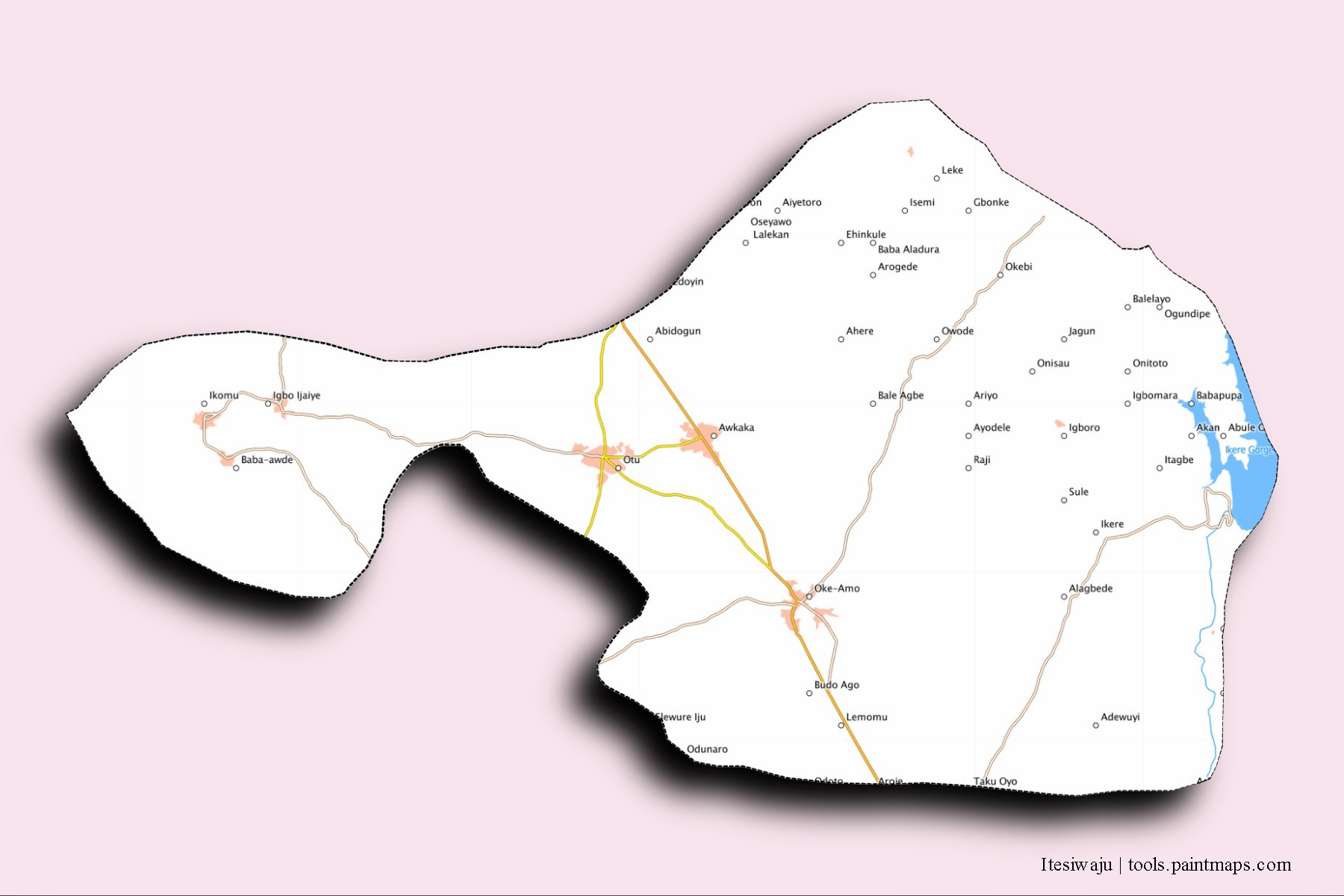 Mapa de barrios y pueblos de Itesiwaju con efecto de sombra 3D