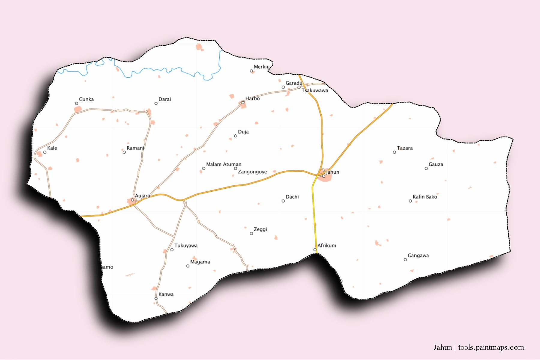 Mapa de barrios y pueblos de Jahun con efecto de sombra 3D