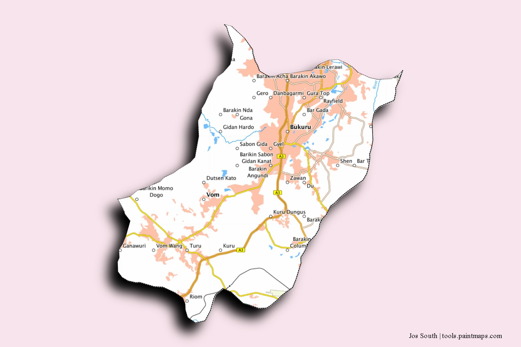 3D gölge efektli Jos South mahalleleri ve köyleri haritası