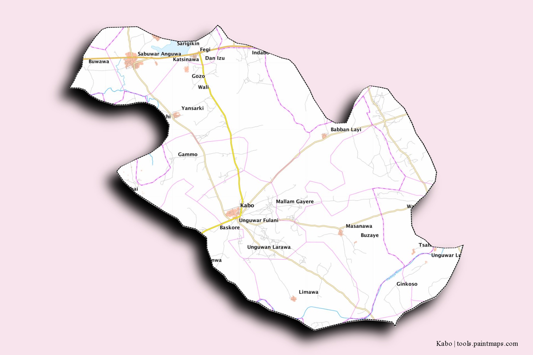 Mapa de barrios y pueblos de Kabo con efecto de sombra 3D