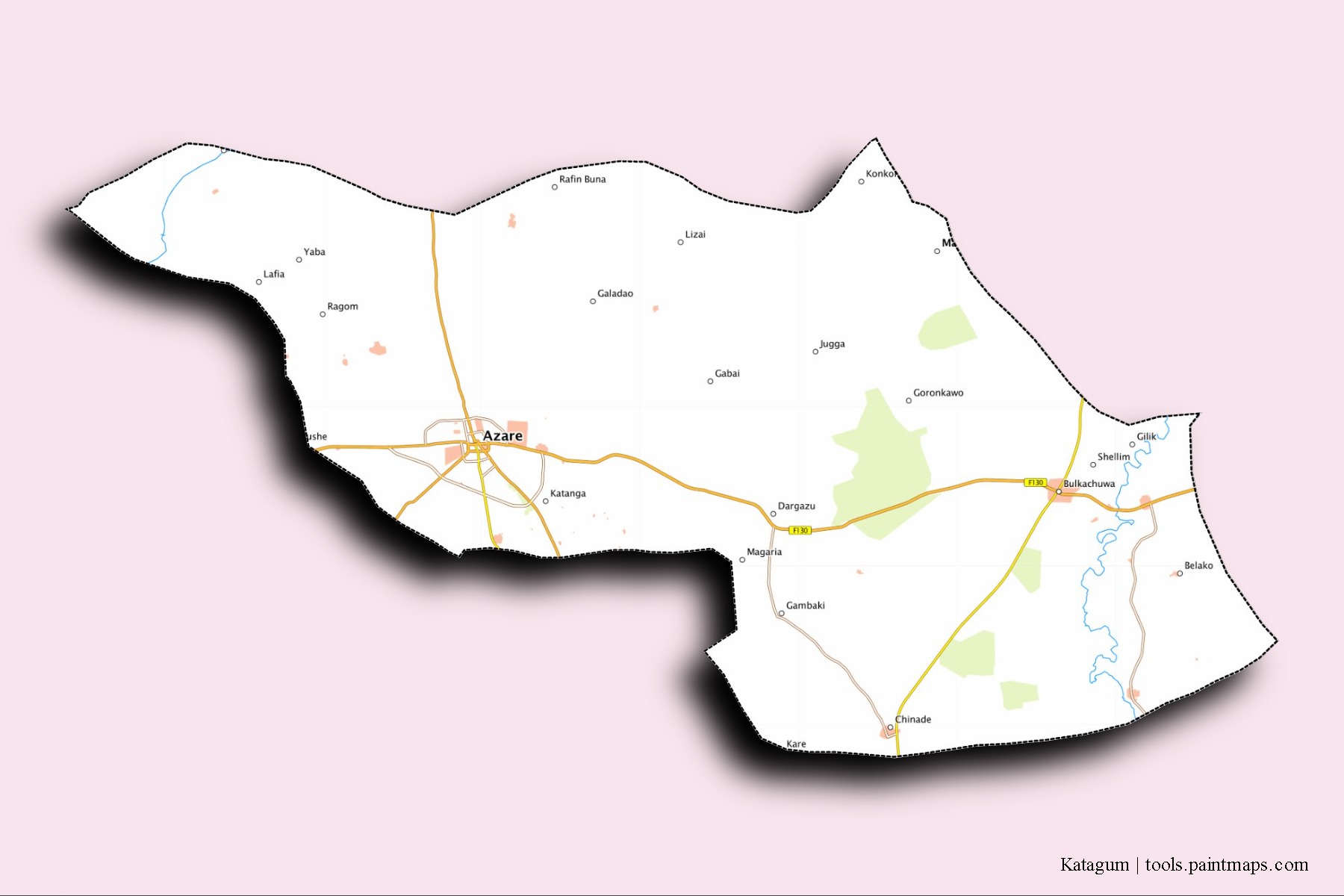 Katagum neighborhoods and villages map with 3D shadow effect