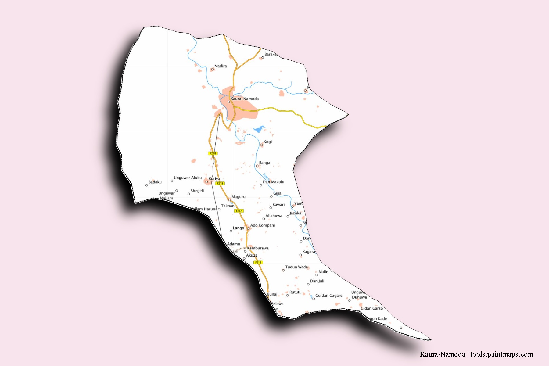 Mapa de barrios y pueblos de Kaura-Namoda con efecto de sombra 3D