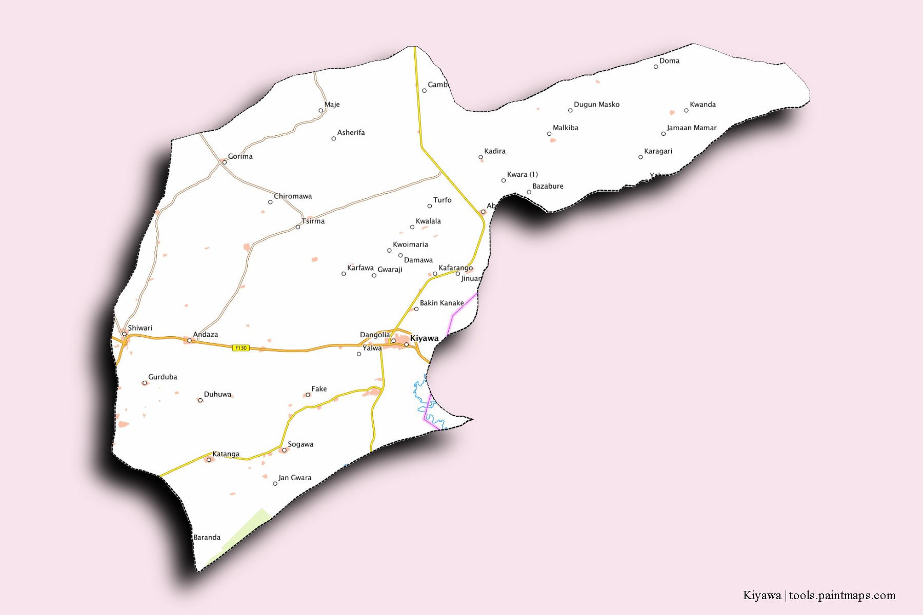 Kiyawa neighborhoods and villages map with 3D shadow effect