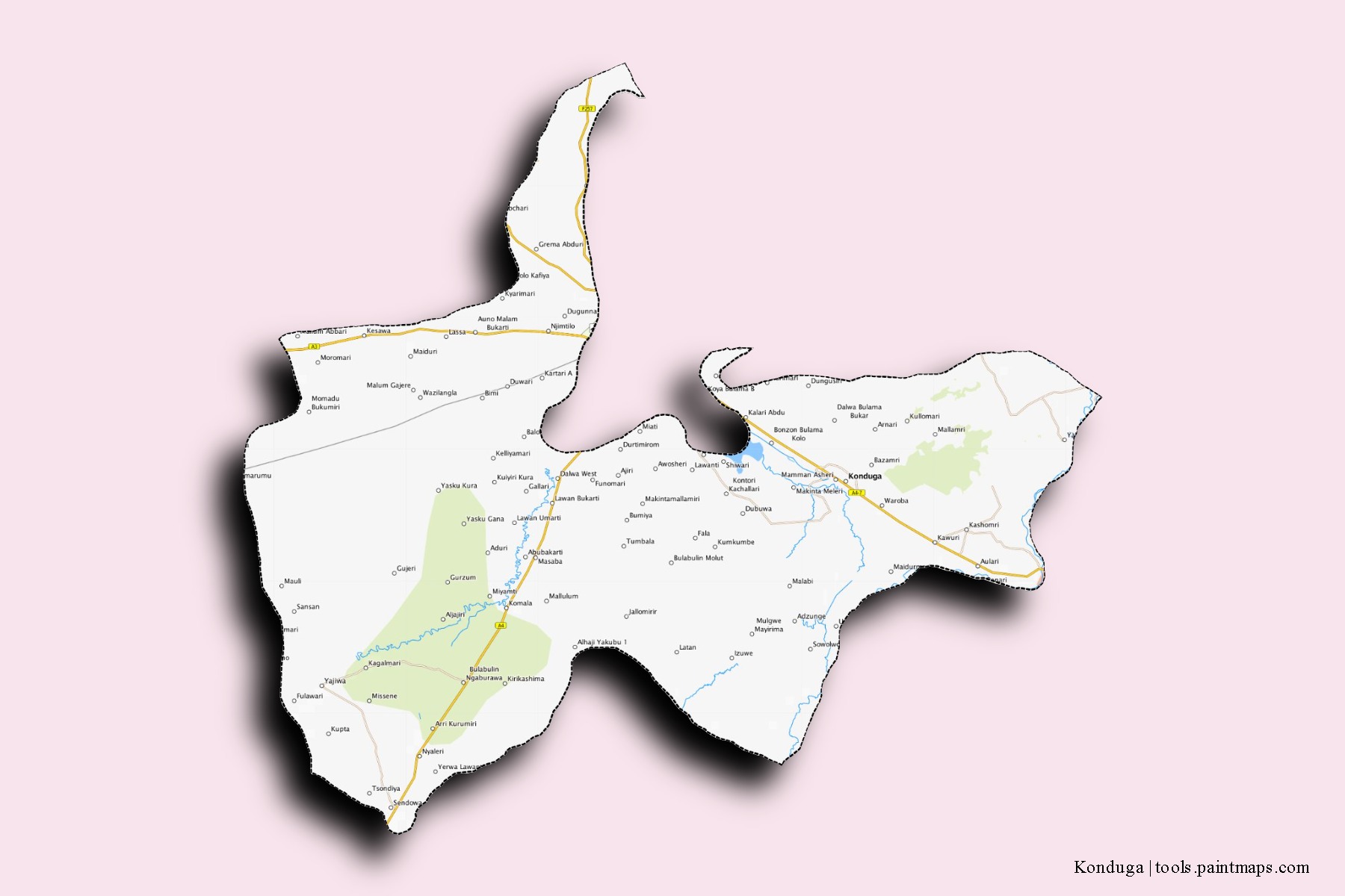 Mapa de barrios y pueblos de Konduga con efecto de sombra 3D