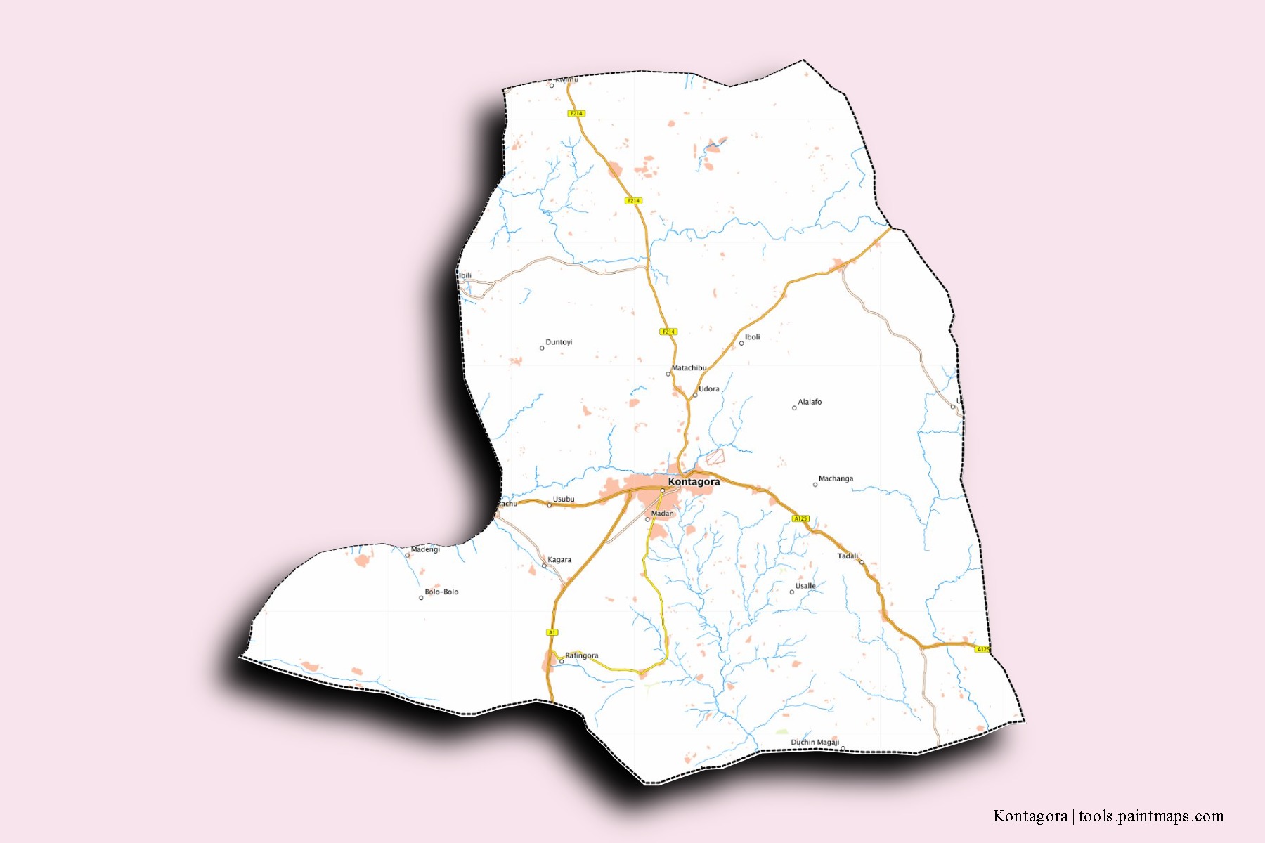 Mapa de barrios y pueblos de Kontagora con efecto de sombra 3D