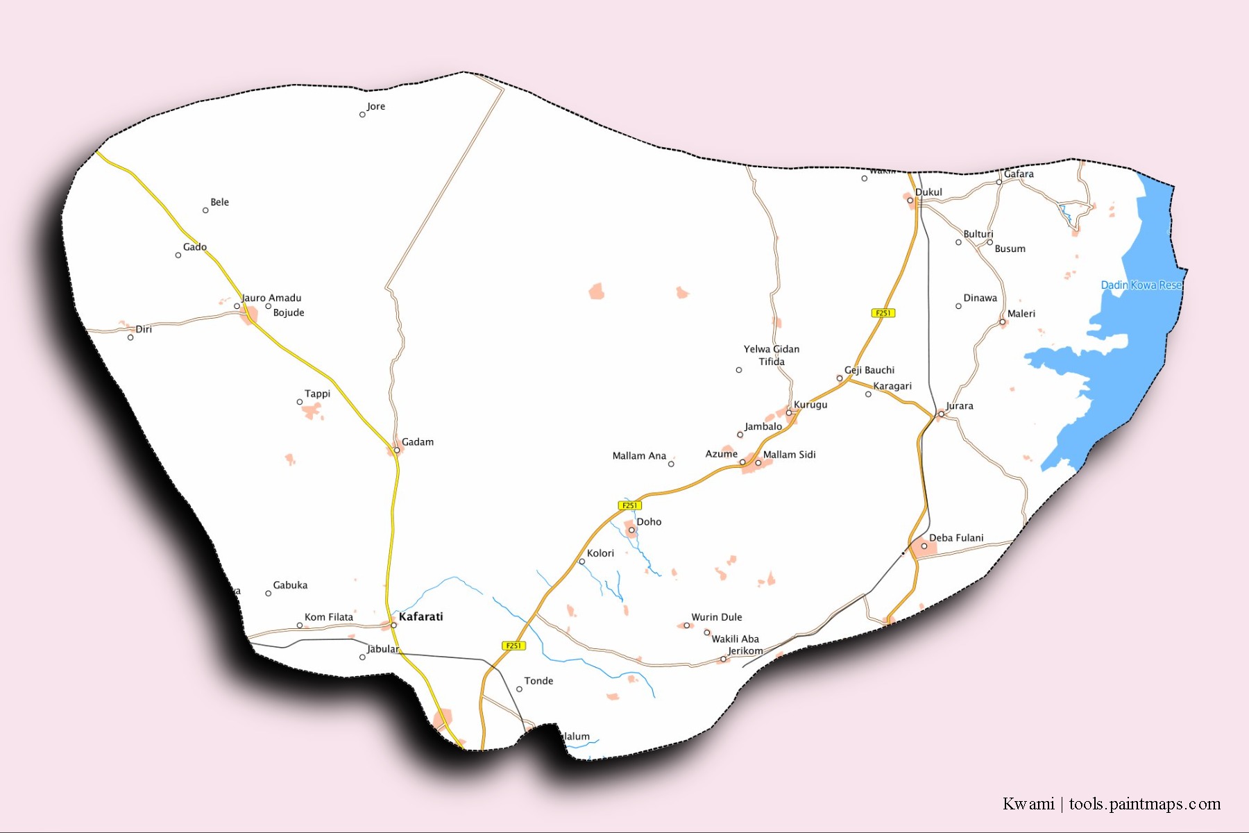 Kwami neighborhoods and villages map with 3D shadow effect