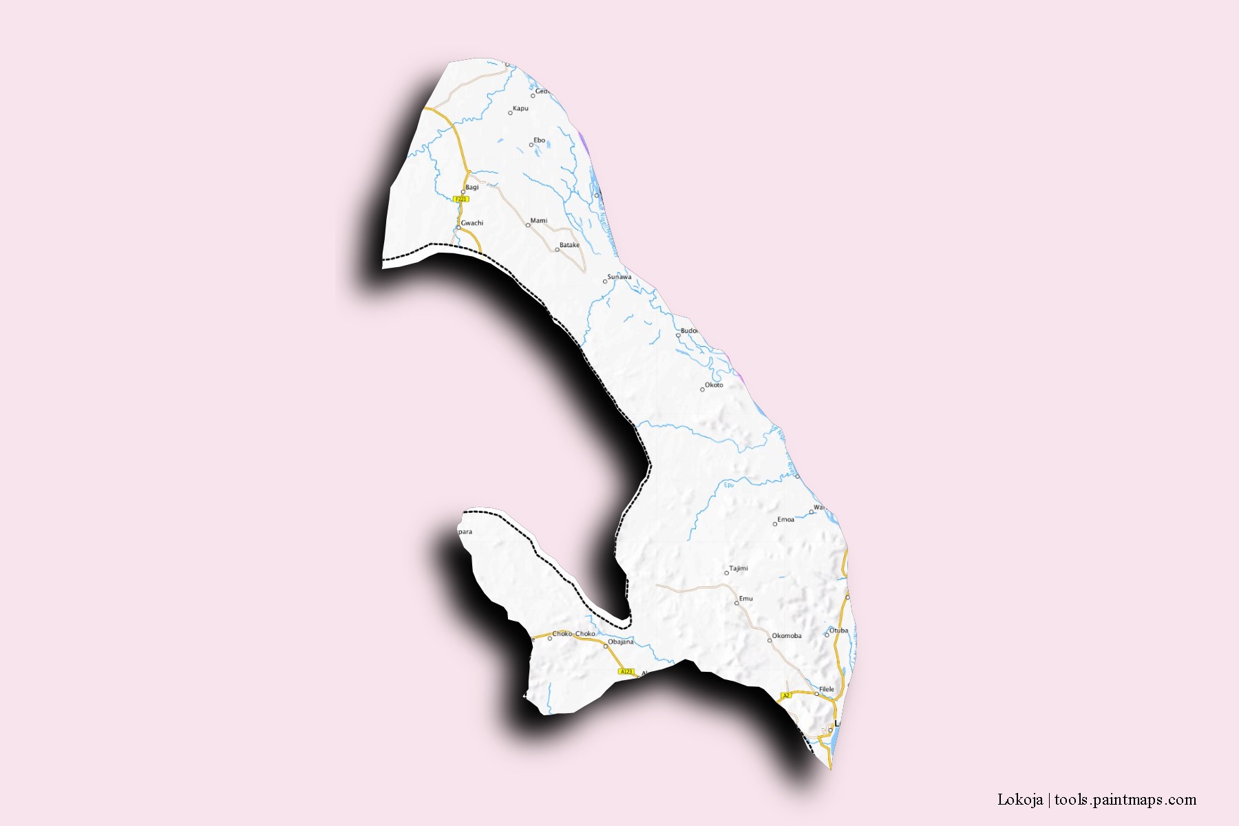 Mapa de barrios y pueblos de Lokoja con efecto de sombra 3D