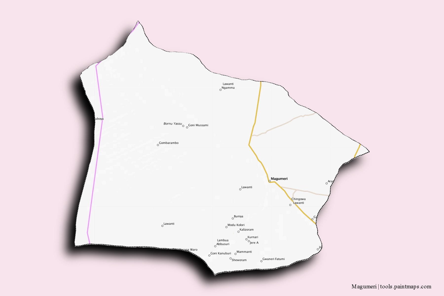 Mapa de barrios y pueblos de Magumeri con efecto de sombra 3D