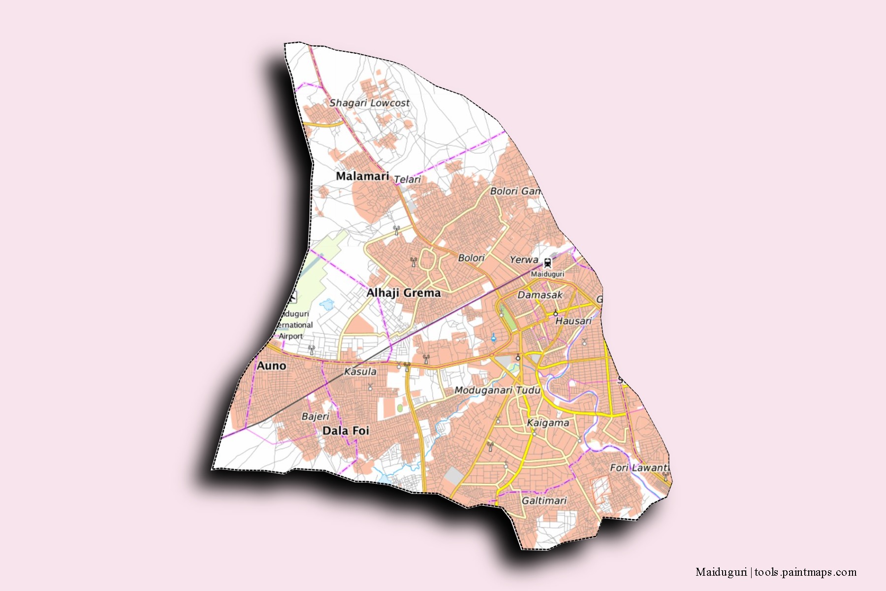 Maiduguri neighborhoods and villages map with 3D shadow effect