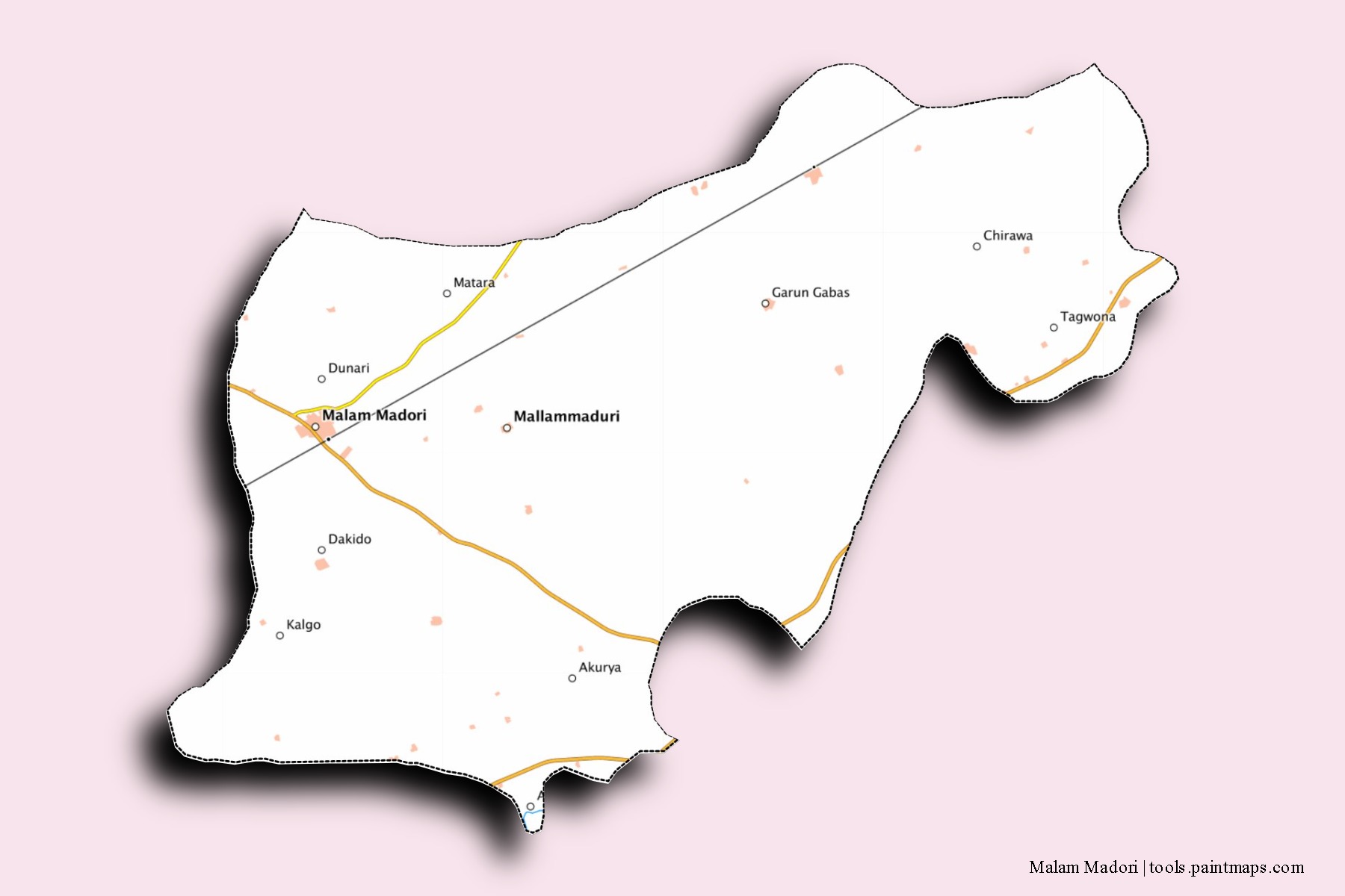 Malam Madori neighborhoods and villages map with 3D shadow effect