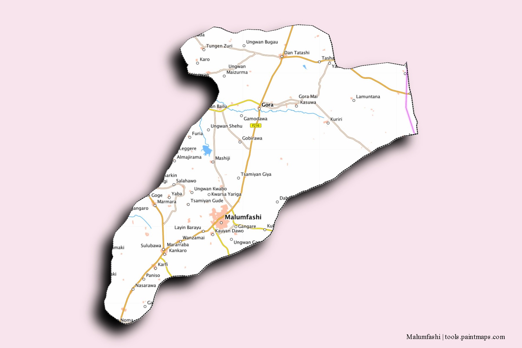 Mapa de barrios y pueblos de Malumfashi con efecto de sombra 3D