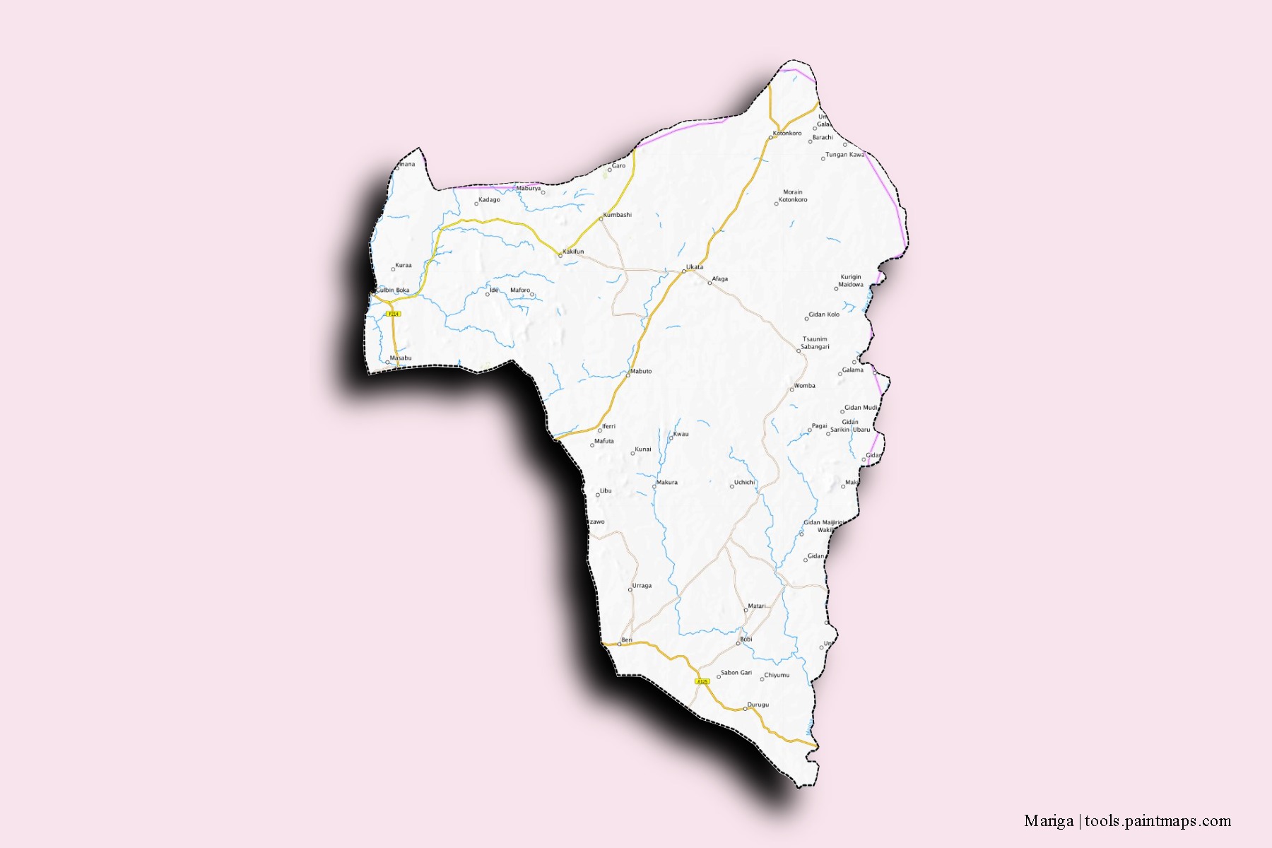 Mapa de barrios y pueblos de Mariga con efecto de sombra 3D