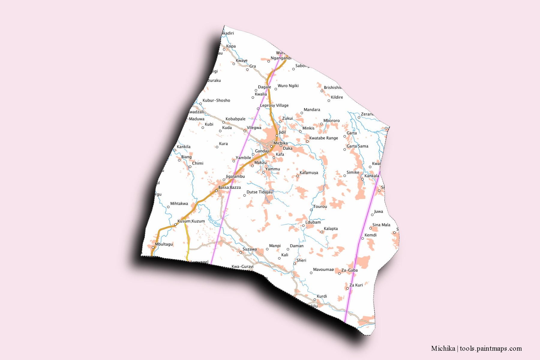 Mapa de barrios y pueblos de Michika con efecto de sombra 3D