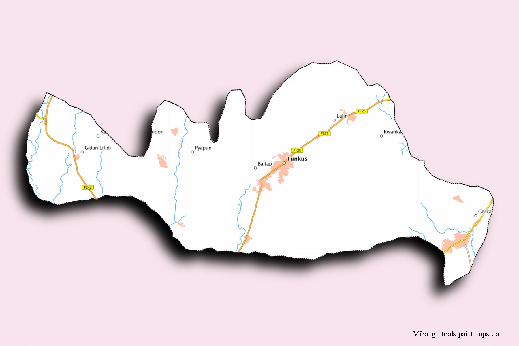 Mapa de barrios y pueblos de Mikang con efecto de sombra 3D