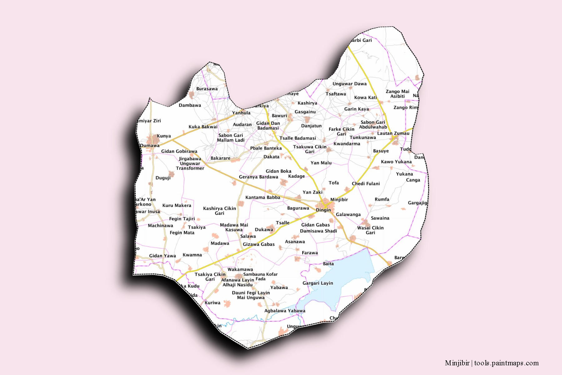 Mapa de barrios y pueblos de Minjibir con efecto de sombra 3D