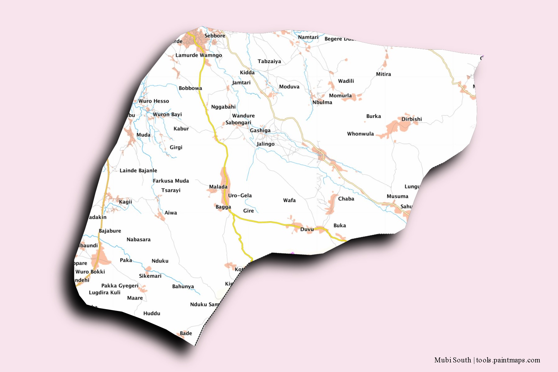 Mapa de barrios y pueblos de Mubi South con efecto de sombra 3D