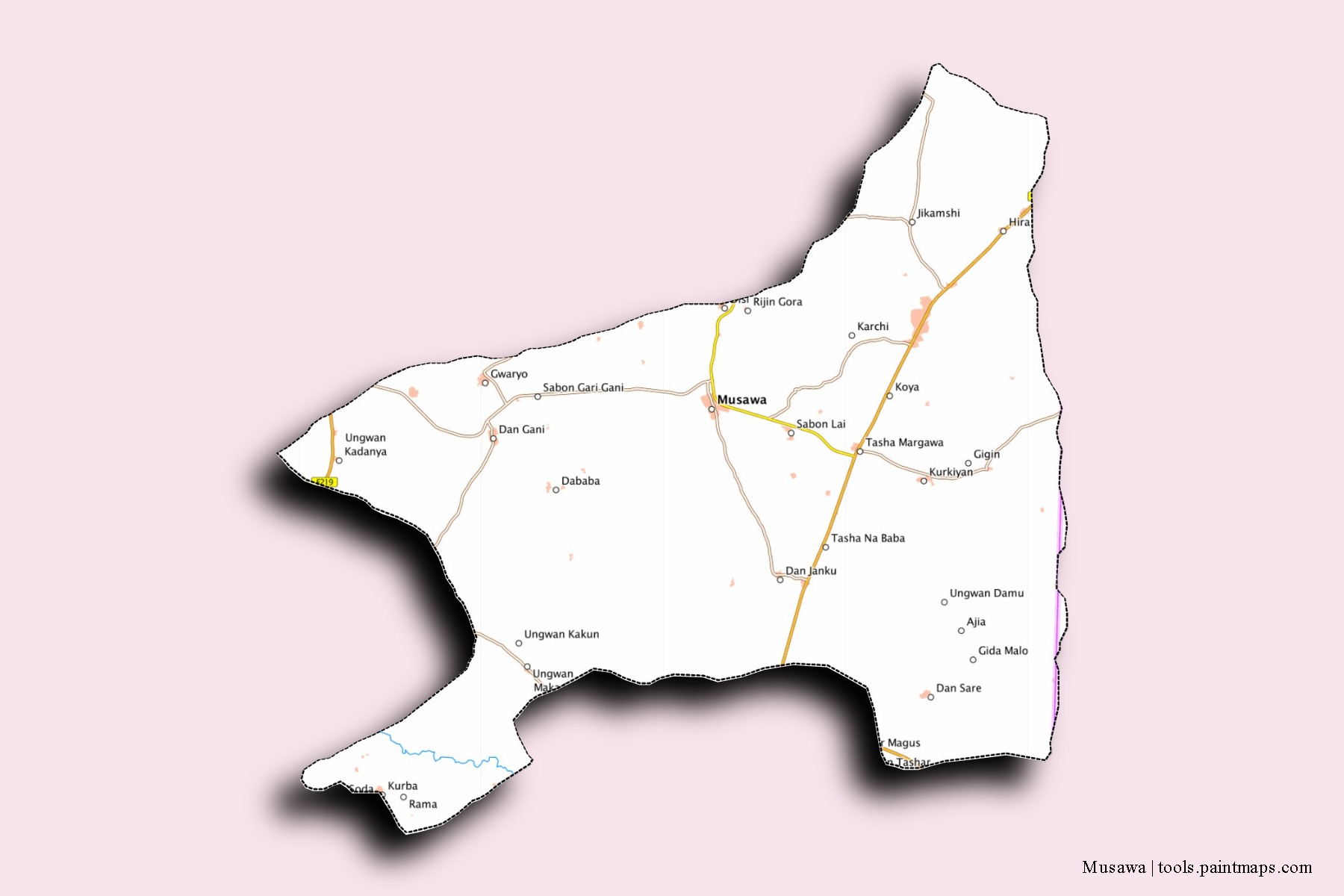 Mapa de barrios y pueblos de Musawa con efecto de sombra 3D