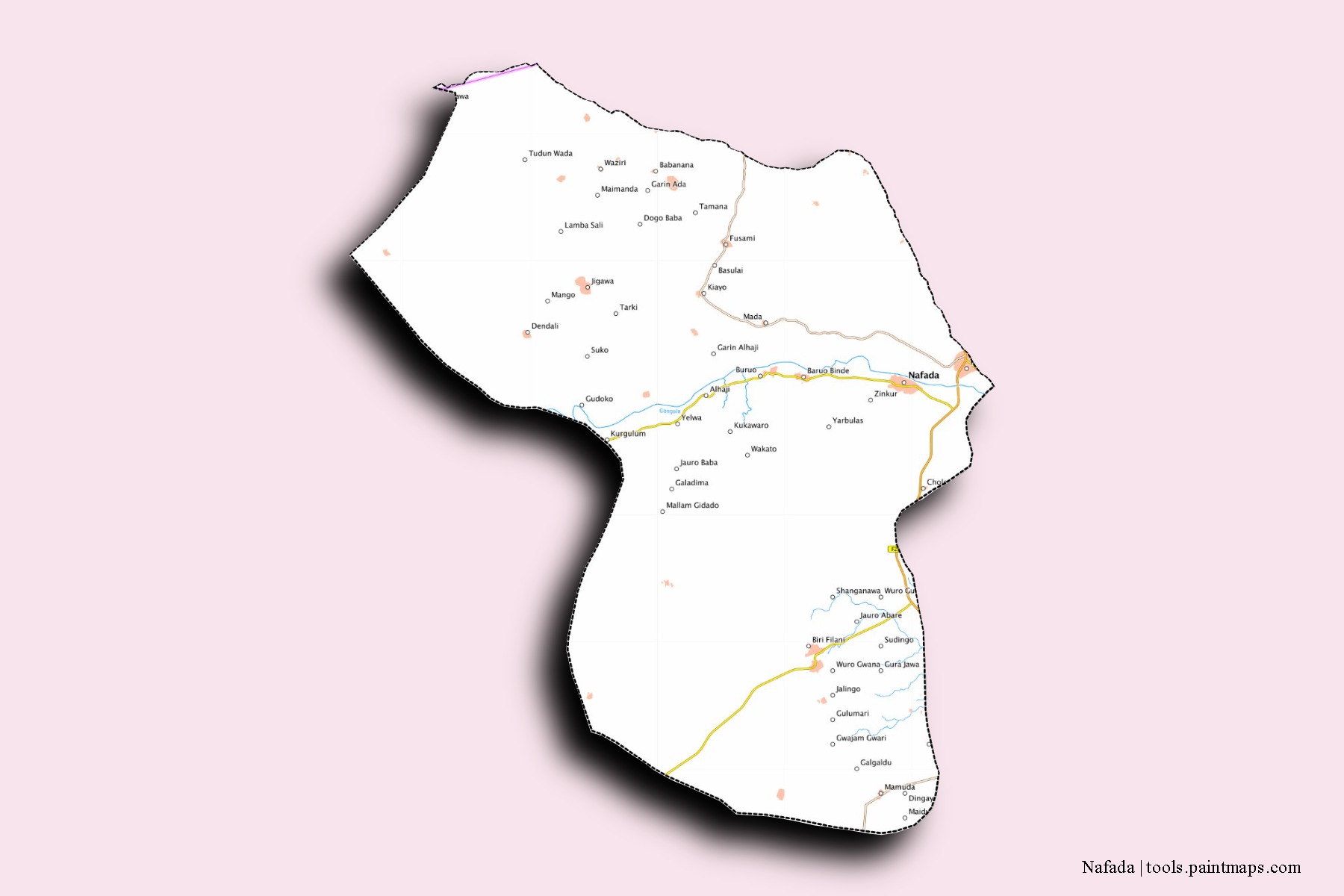 Mapa de barrios y pueblos de Nafada con efecto de sombra 3D