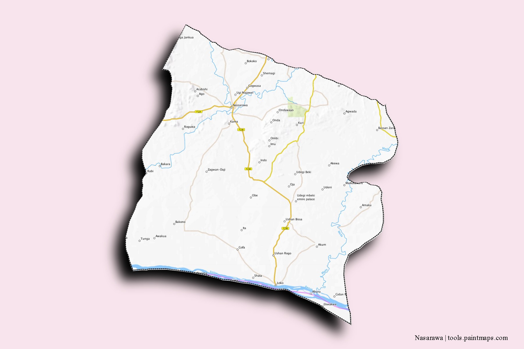 Mapa de barrios y pueblos de Nasarawa con efecto de sombra 3D