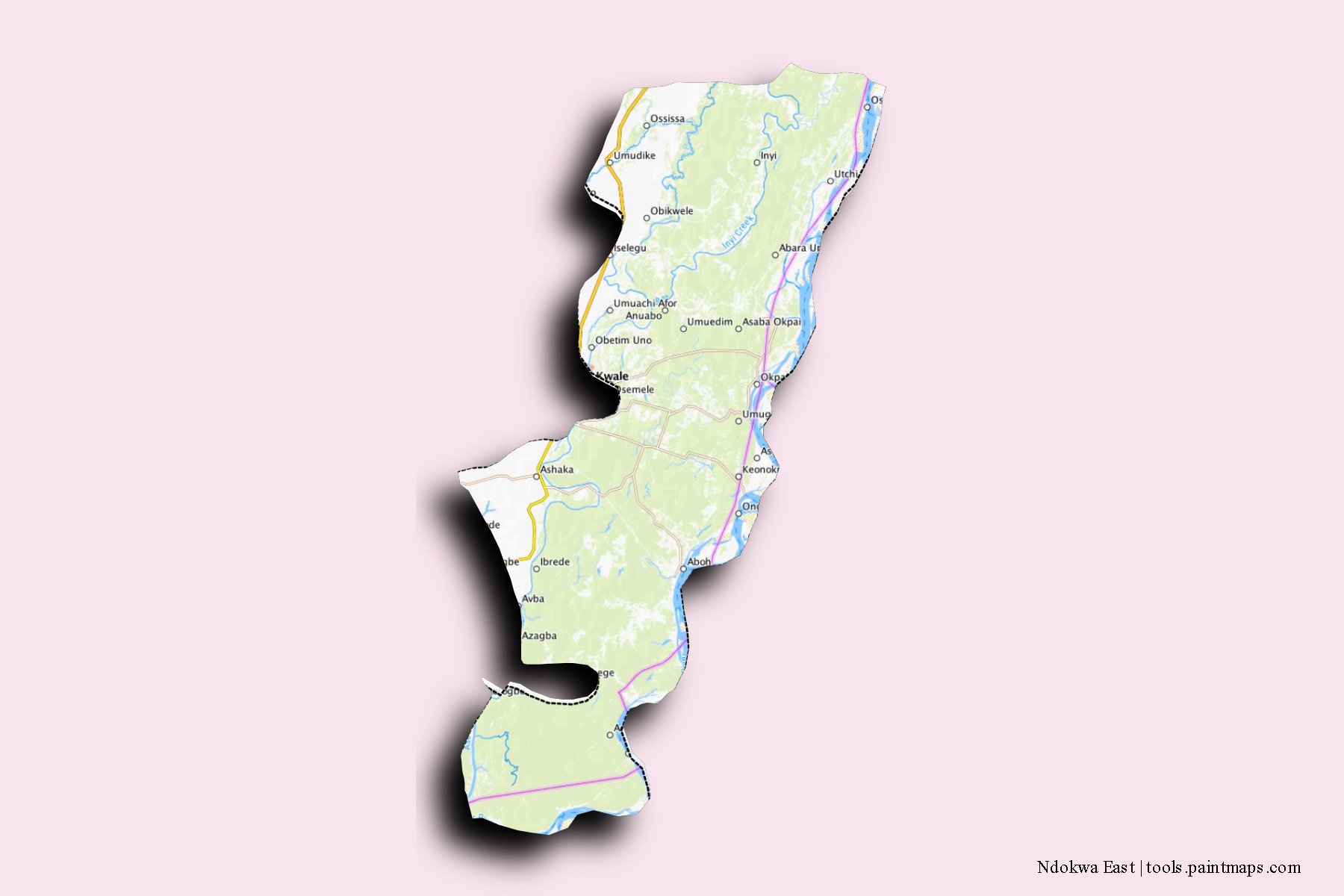 Mapa de barrios y pueblos de Ndokwa East con efecto de sombra 3D