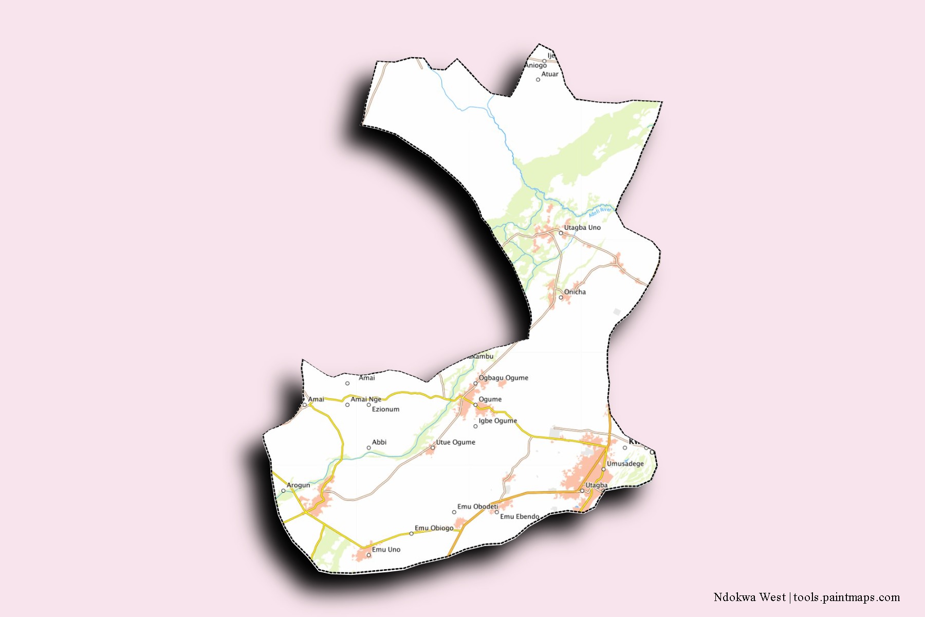 Ndokwa West neighborhoods and villages map with 3D shadow effect