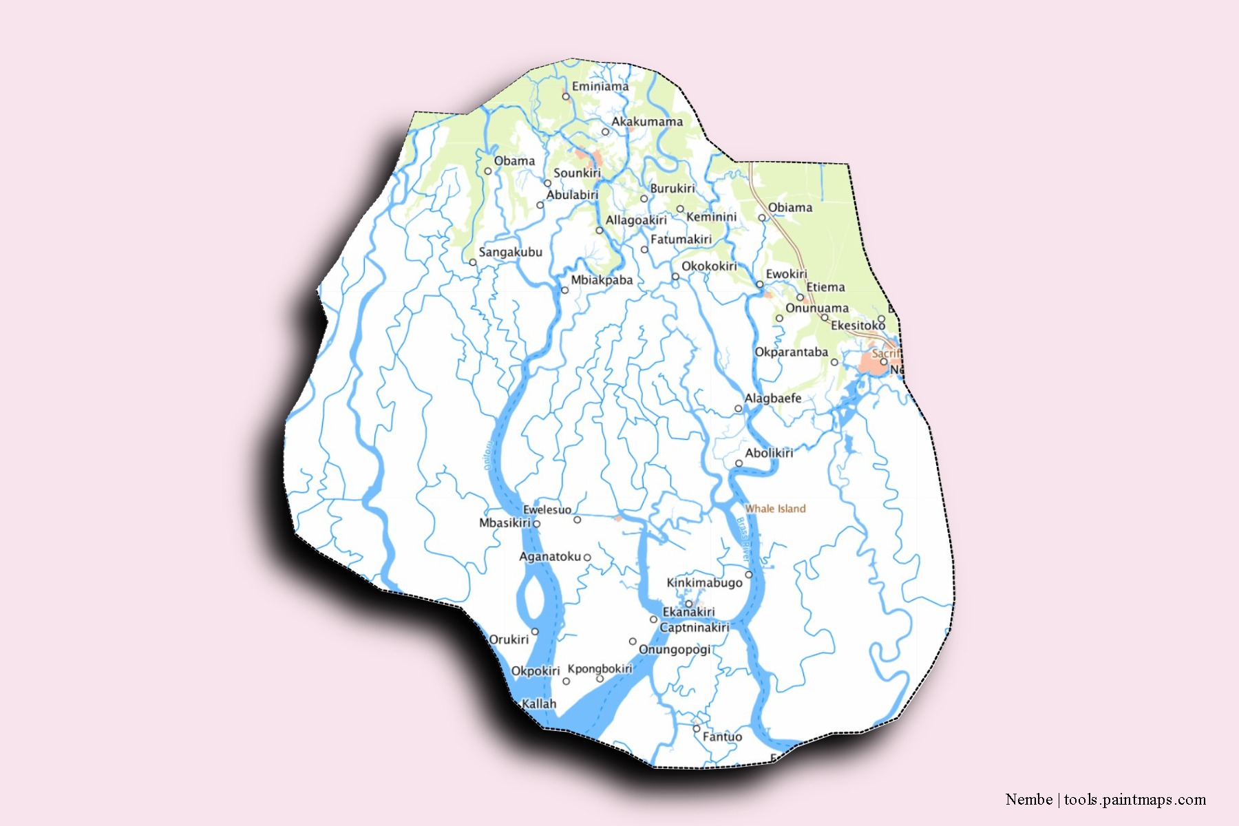 Nembe neighborhoods and villages map with 3D shadow effect